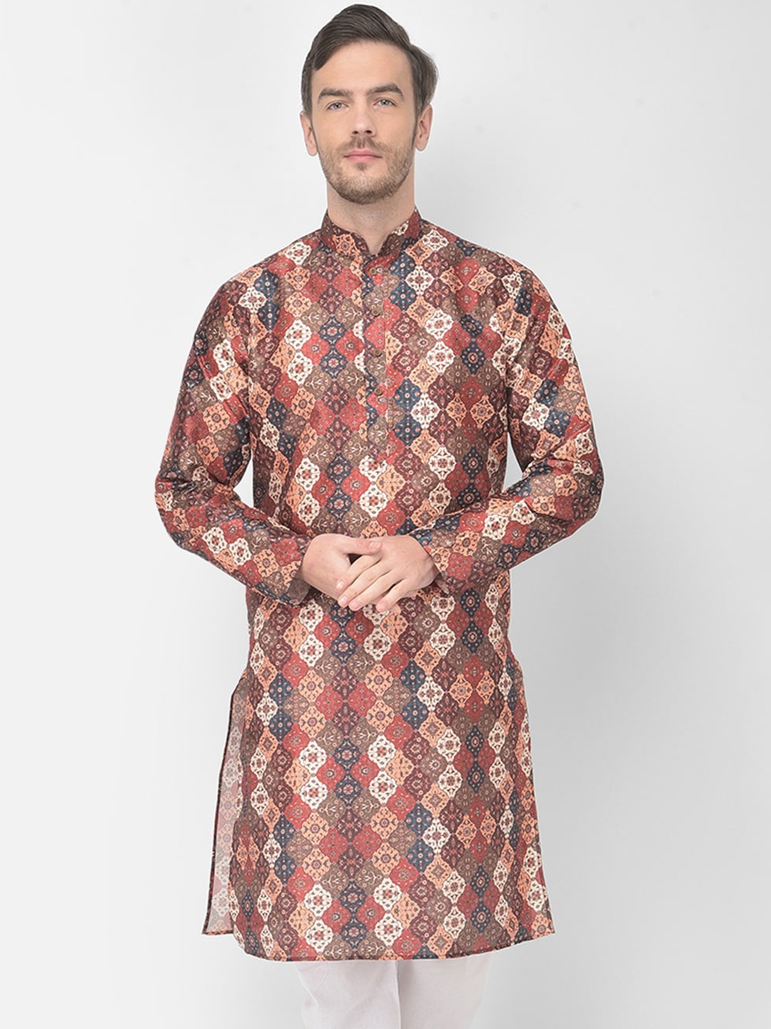 

SG LEMAN Men Red & White Ethnic Motifs Printed Raw Silk Kurta