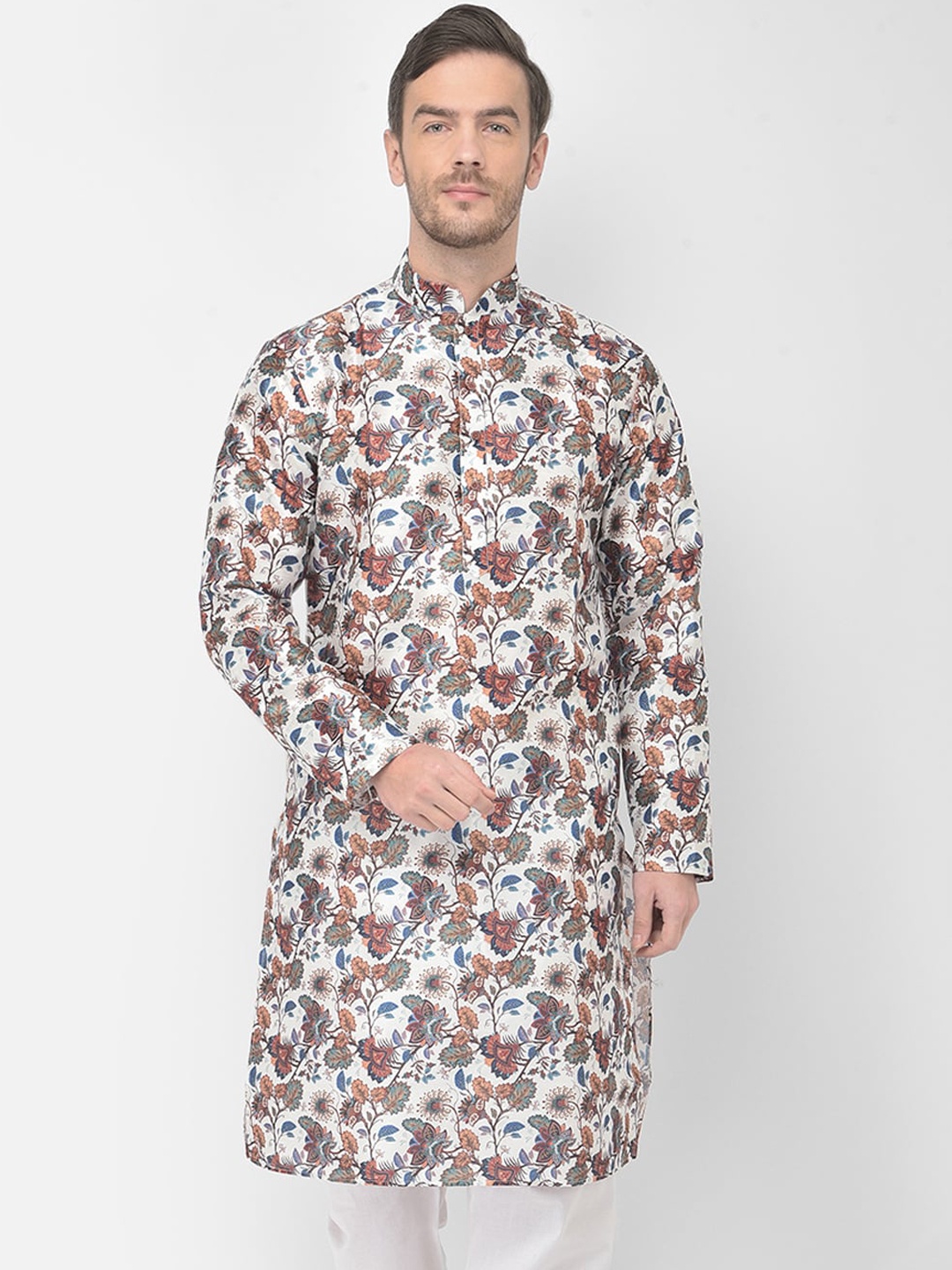 

SG LEMAN Men White & Blue Floral Printed Raw Silk Straight Kurta