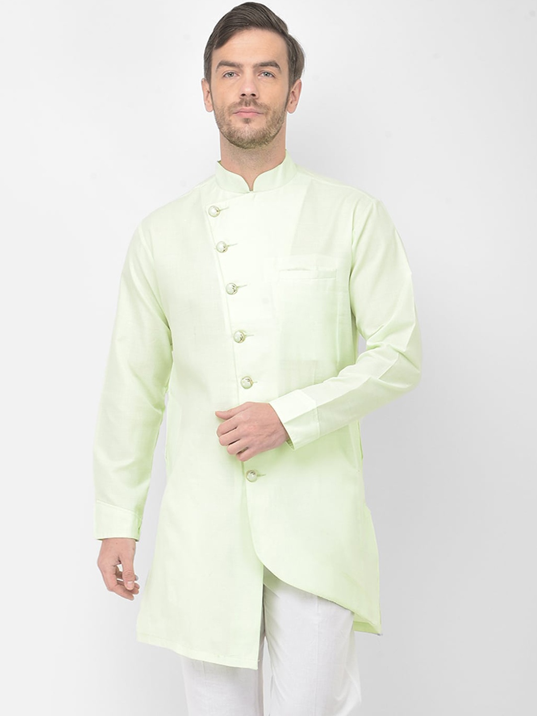 

SG LEMAN Men Sea Green Solid Cotton Asymmetric Kurta