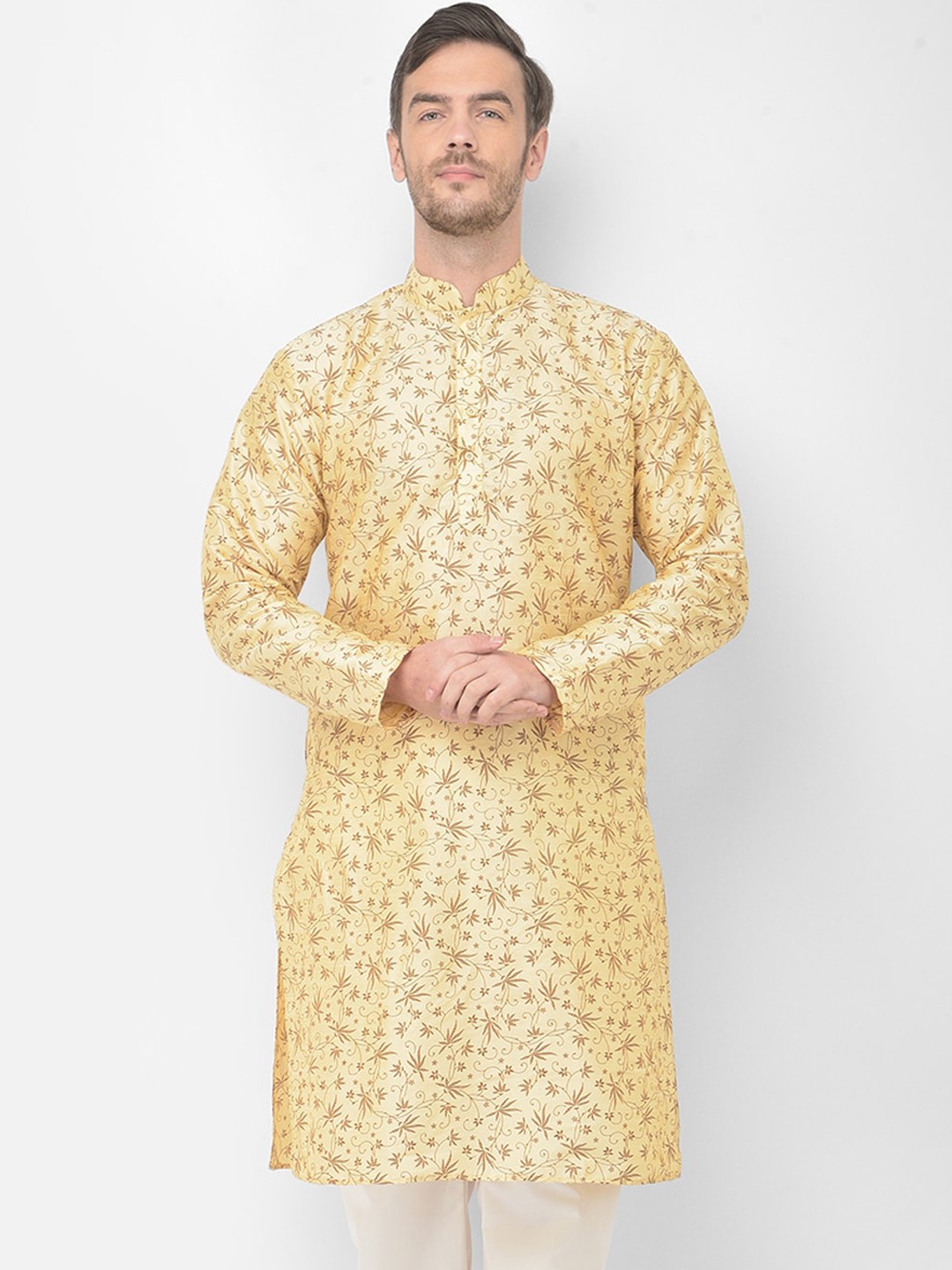 

SG LEMAN Men Cream-Coloured & Brown Floral Printed Raw Silk Kurta
