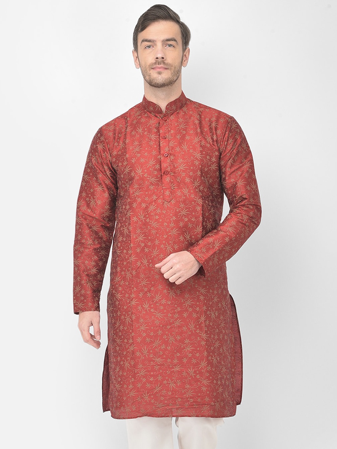 

SG LEMAN Men Maroon & Beige Floral Thread Work Raw Silk Kurta
