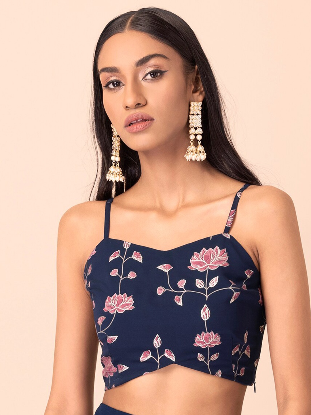 

INDYA Blue Floral Print Georgette Bralette Crop Top