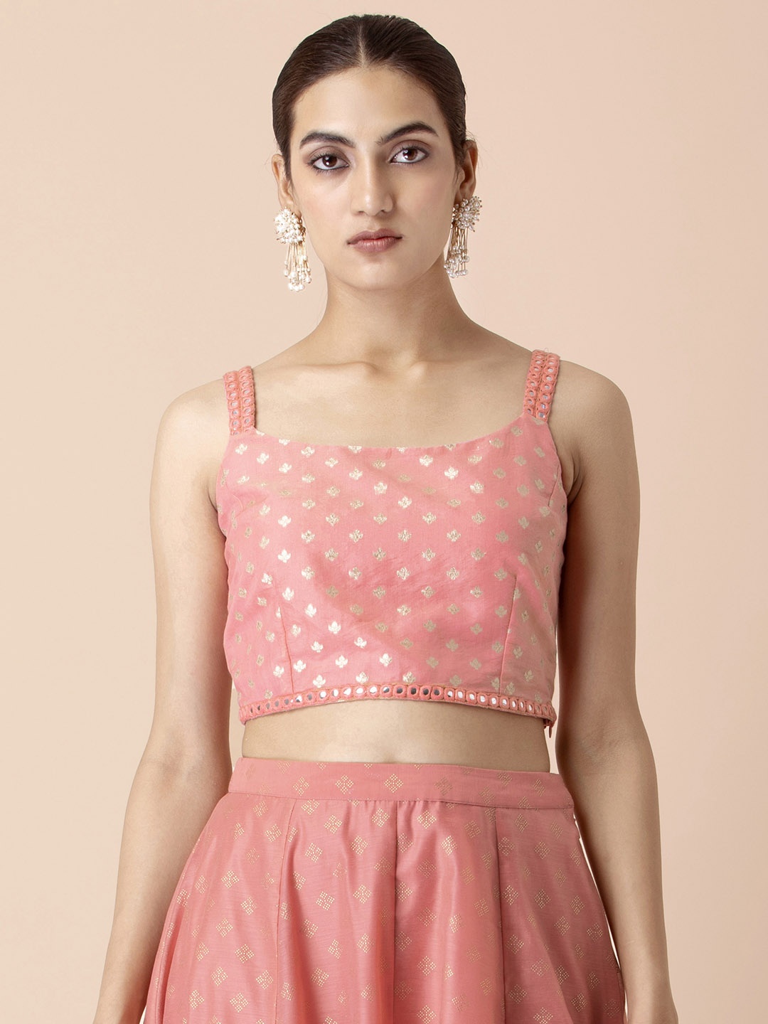 

INDYA for Shraddha Kapoor Pink Brocade Mirror Work Shoulder Straps Crop Top