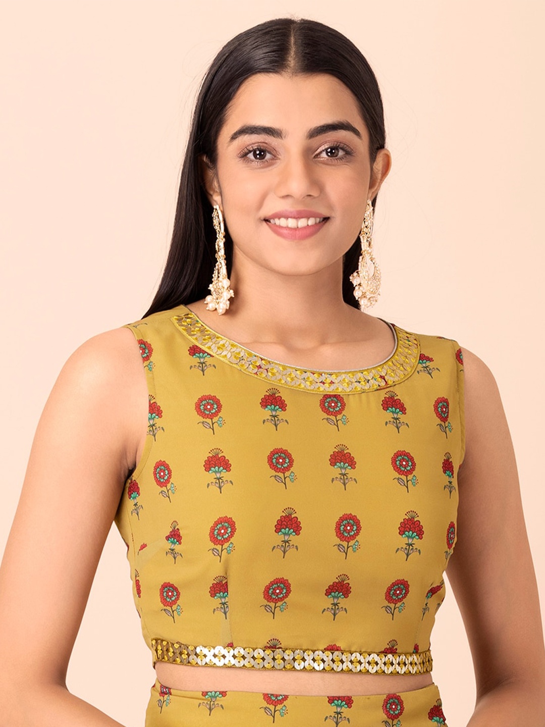 

INDYA Women Yellow & Gold Print Sequin Crop Top