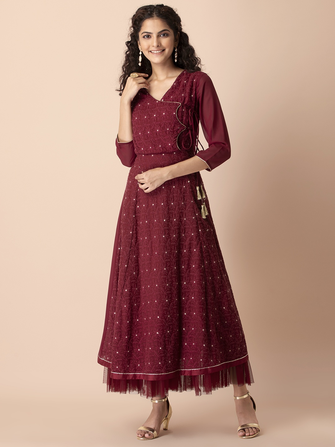 

INDYA Shraddha Kapoor Women Maroon Georgette Embroidered Ethnic Maxi Dress