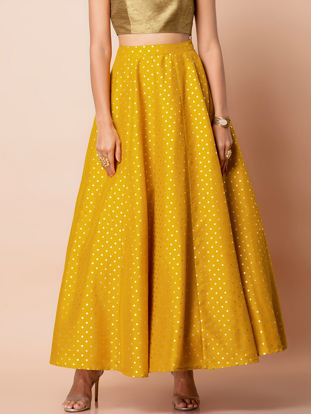 

INDYA Women Yellow Polka Dot Panelled Maxi Skirt