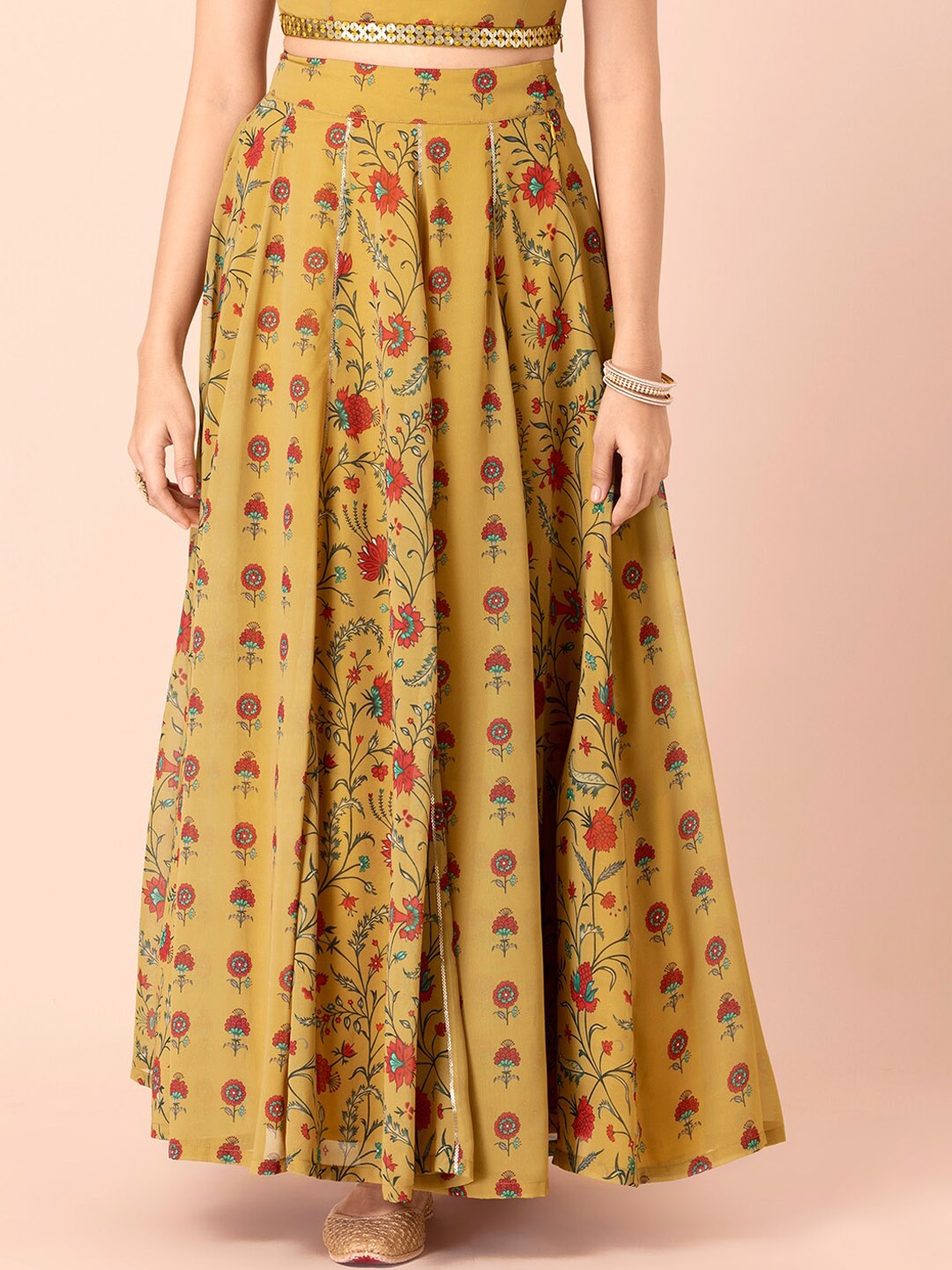 

INDYA Women Yellow & Red Printed Flared Maxi Skirt