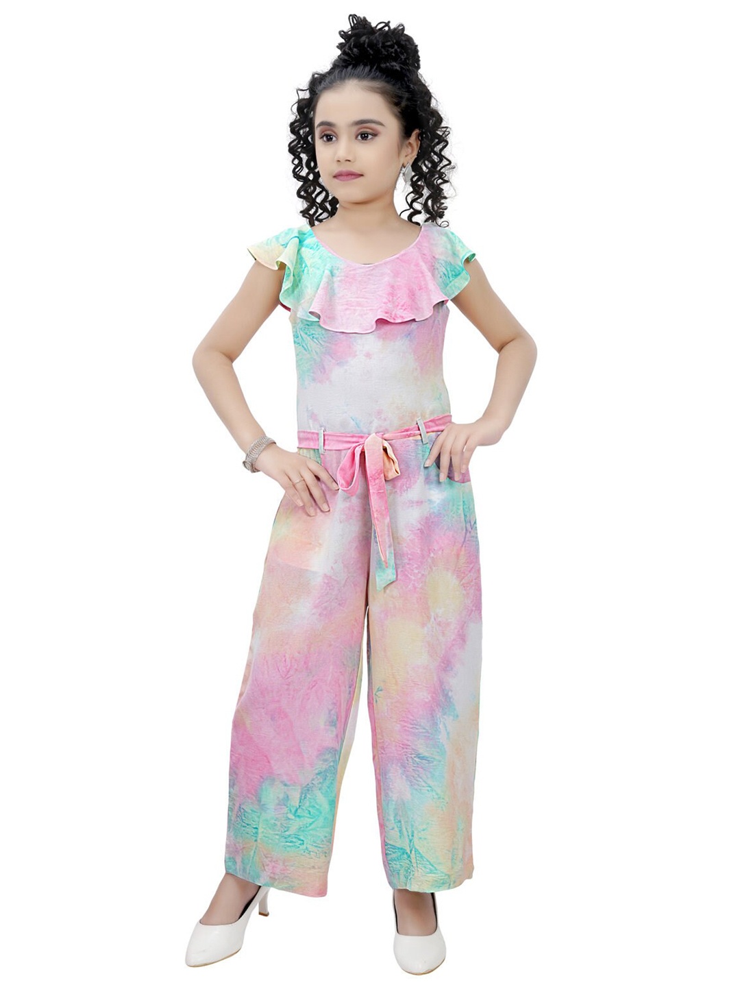 

Tiny Girl Pink & Blue Printed Basic Jumpsuit