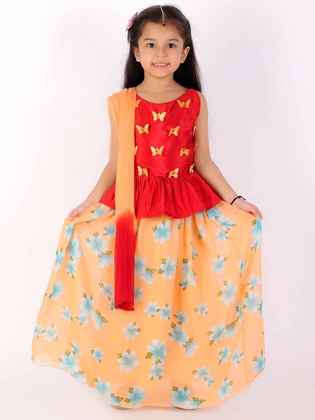 

KID1 Girls Red & Orange Embellished Ready to Wear Lehenga & Blouse With Dupatta