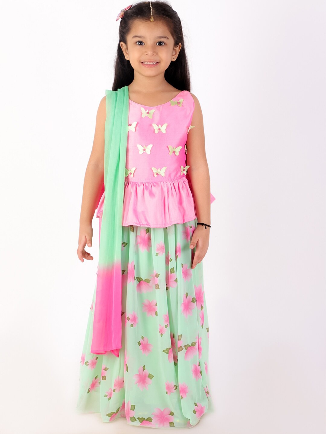 

KID1 Girls Pink and Green Butterfly Peplum Top with Floral Print Lehenga with Dupatta