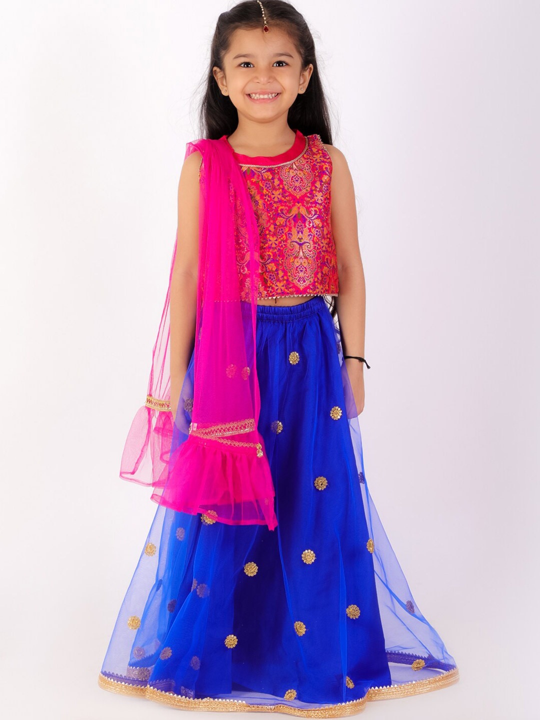 

KID1 Girls Pink & Blue Embroidered Ready to Wear Lehenga Choli with Dupatta
