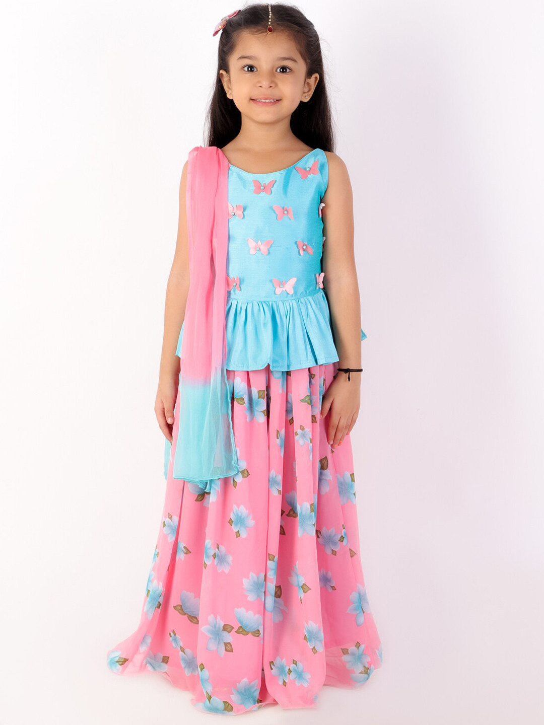 

KID1 Girls Blue & Pink Embellished Ready to Wear Lehenga & Blouse With Dupatta