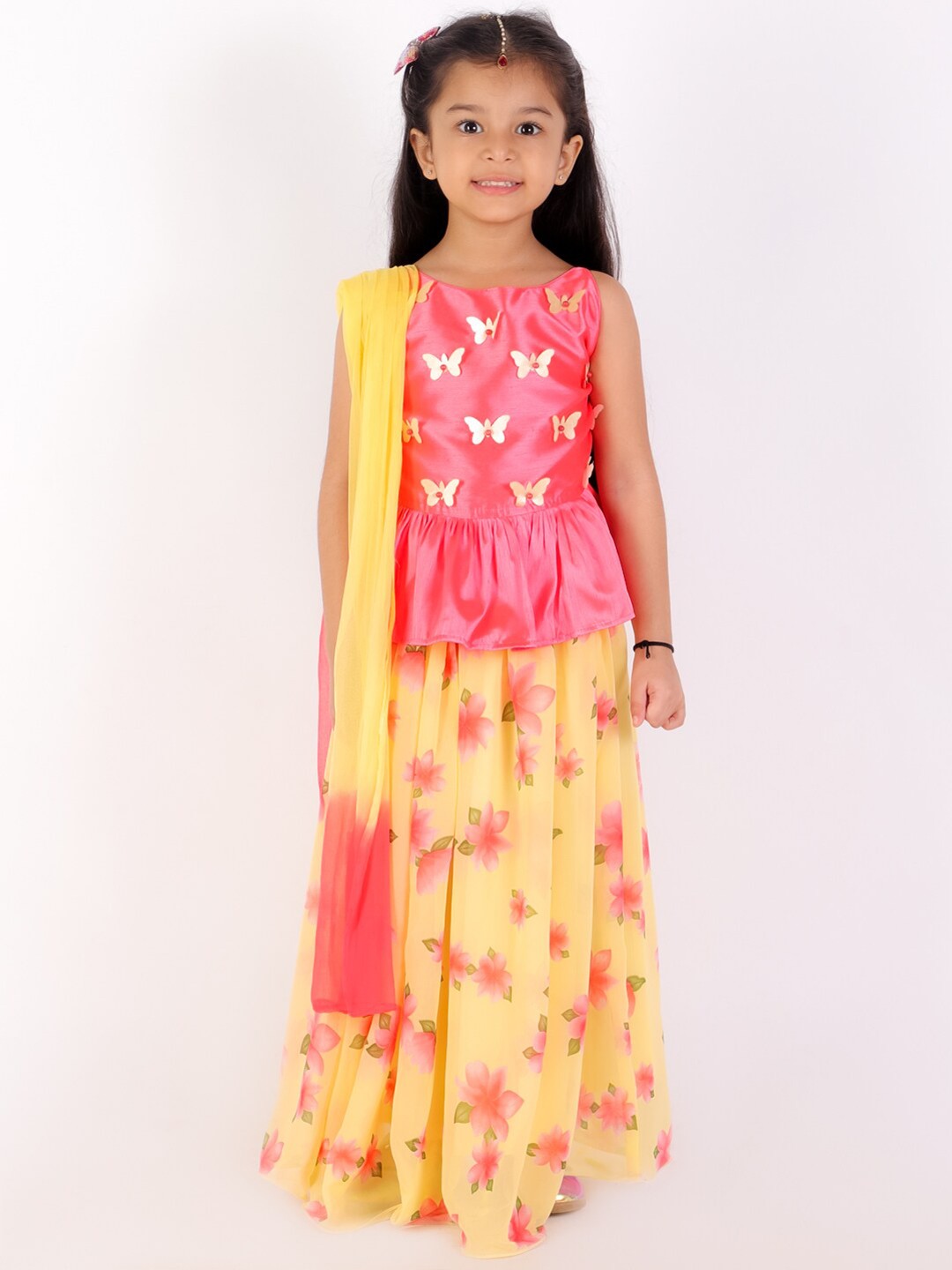 

KID1 Girls Peach-Coloured & Yellow Embellished Ready to Wear Lehenga & Blouse With Dupatta