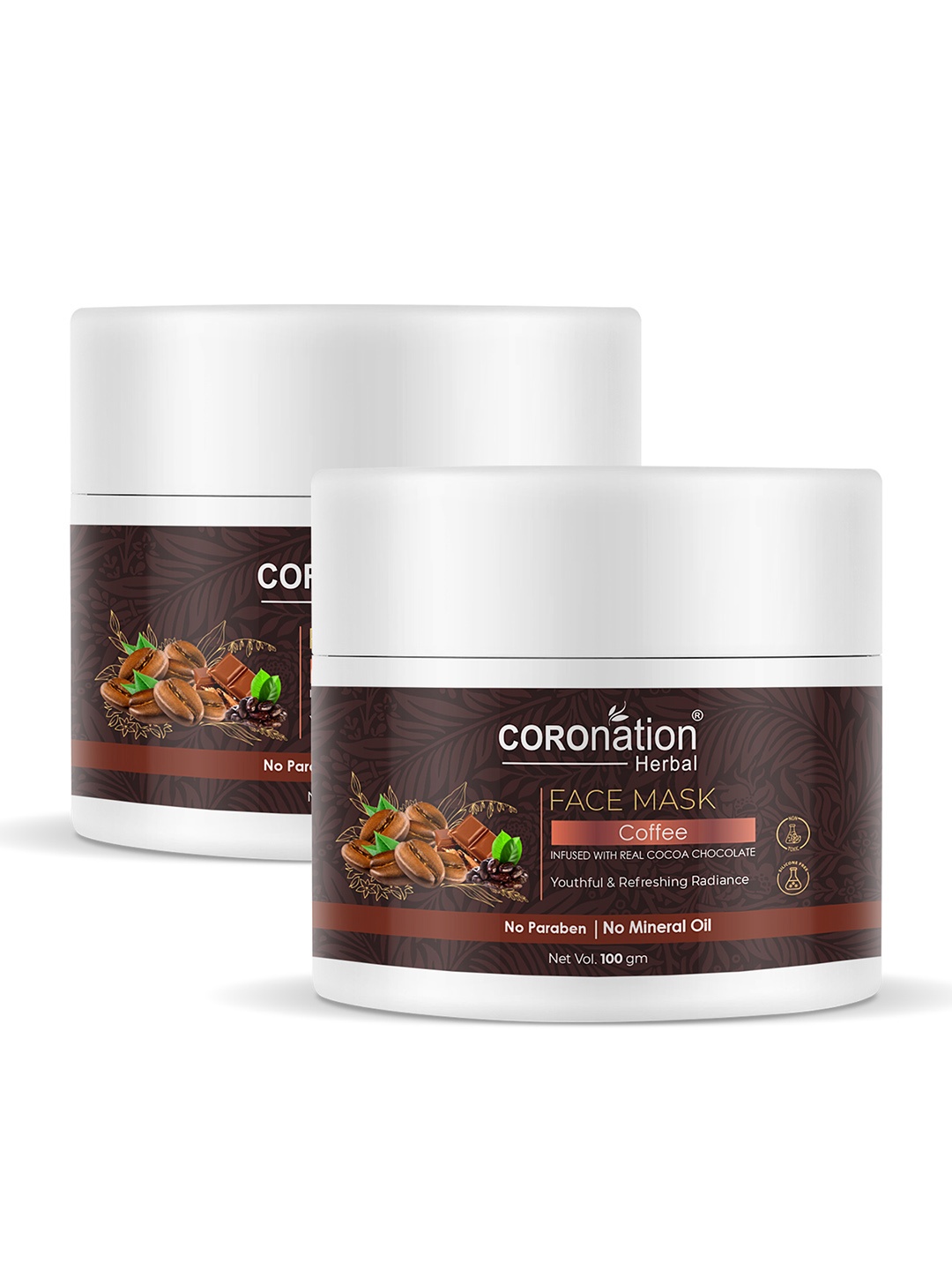 

COROnation Herbal Set of 2 Coffee Face Masks with Real Cocoa Chocolate - 100 g each, Coffee brown