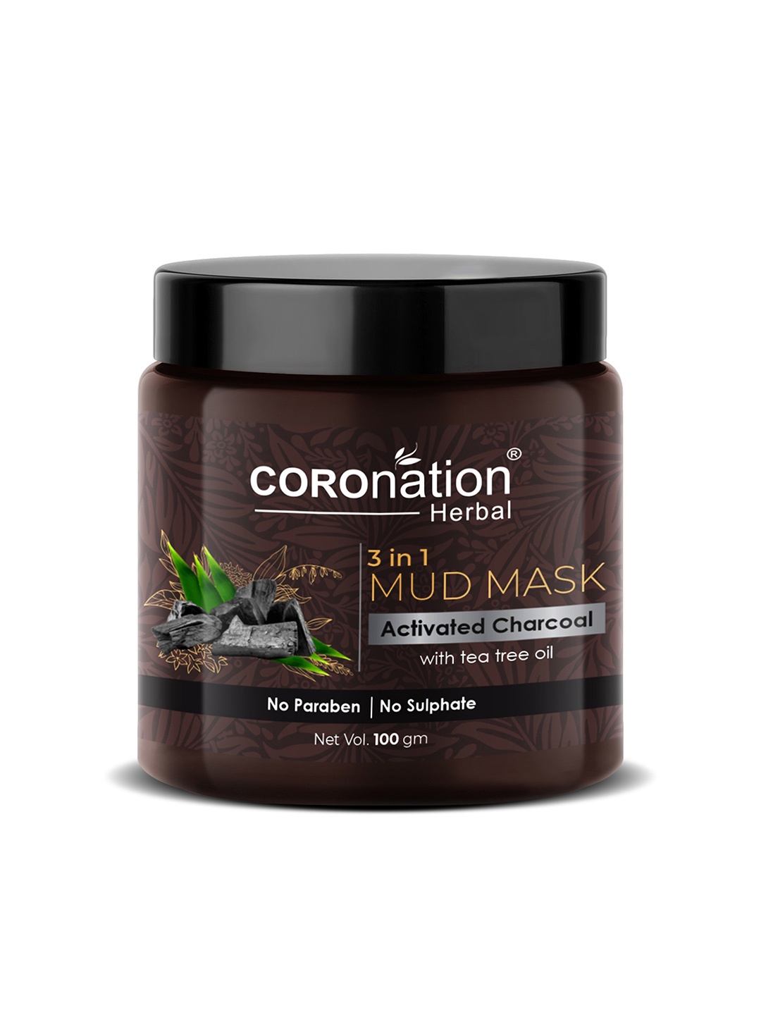 COROnation Herbal Activated Charcoal with Tea Tree Oil 3 In 1 Mud Mask 100 gm, Brown