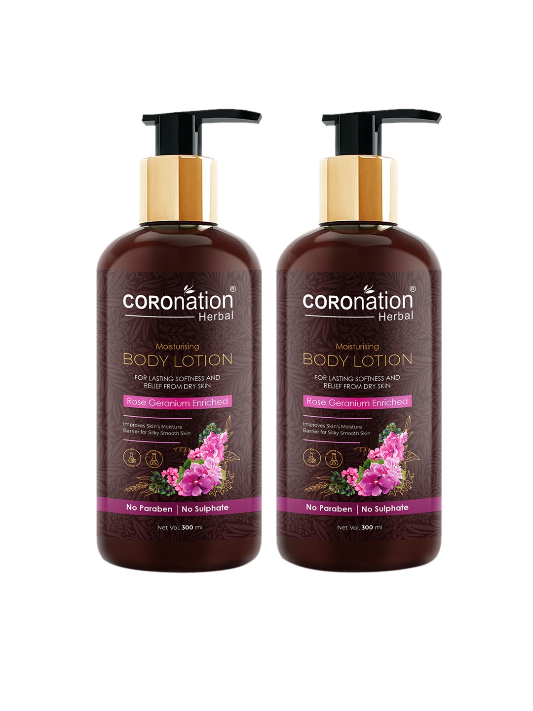 

COROnation Herbal Set of 2 Rose Geranium Enriched Moisturising Body Lotions - 300 ml Each, Brown