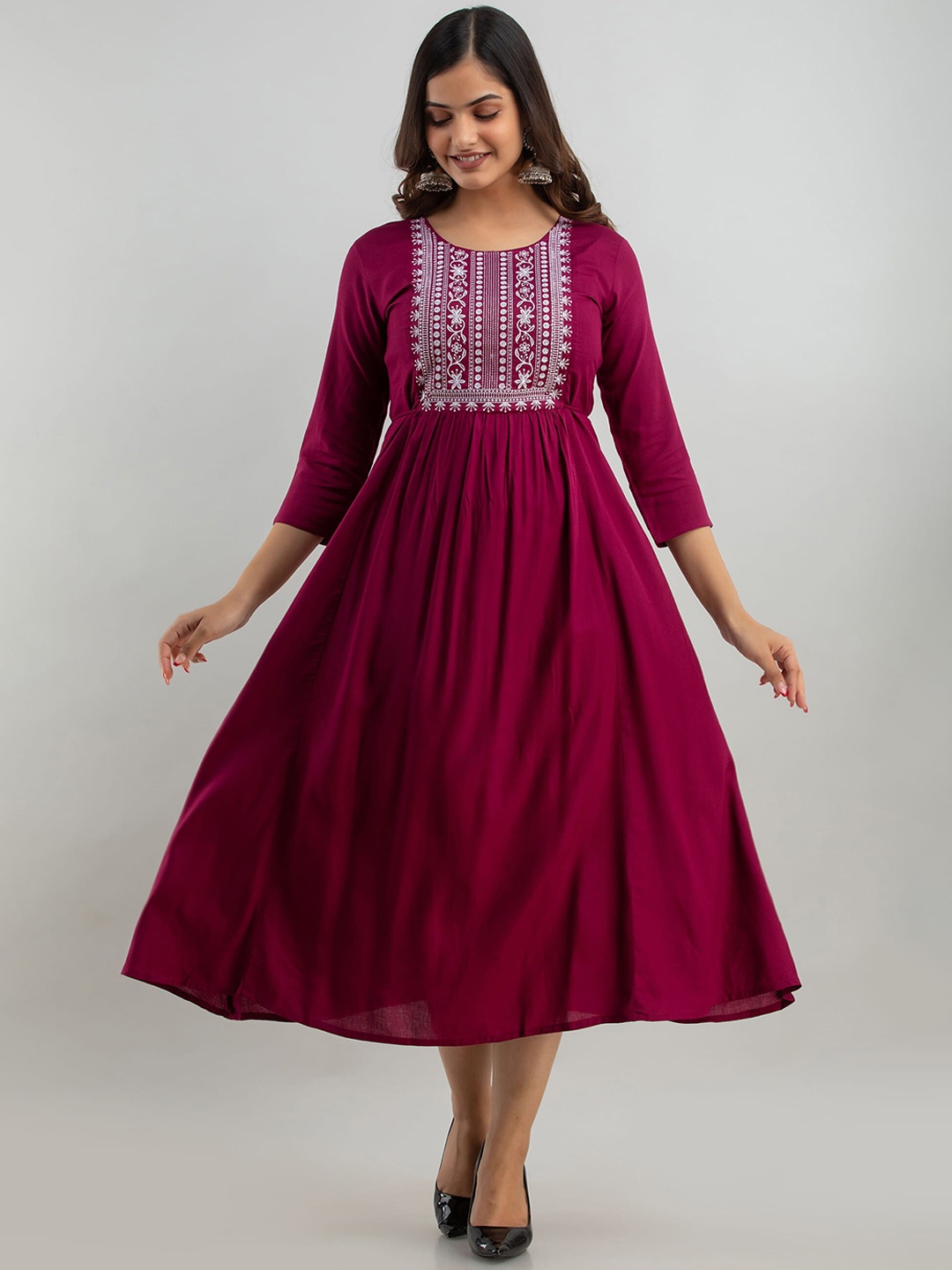

Women Touch Magenta Ethnic Motifs Embroidered Ethnic A-Line Midi Dress