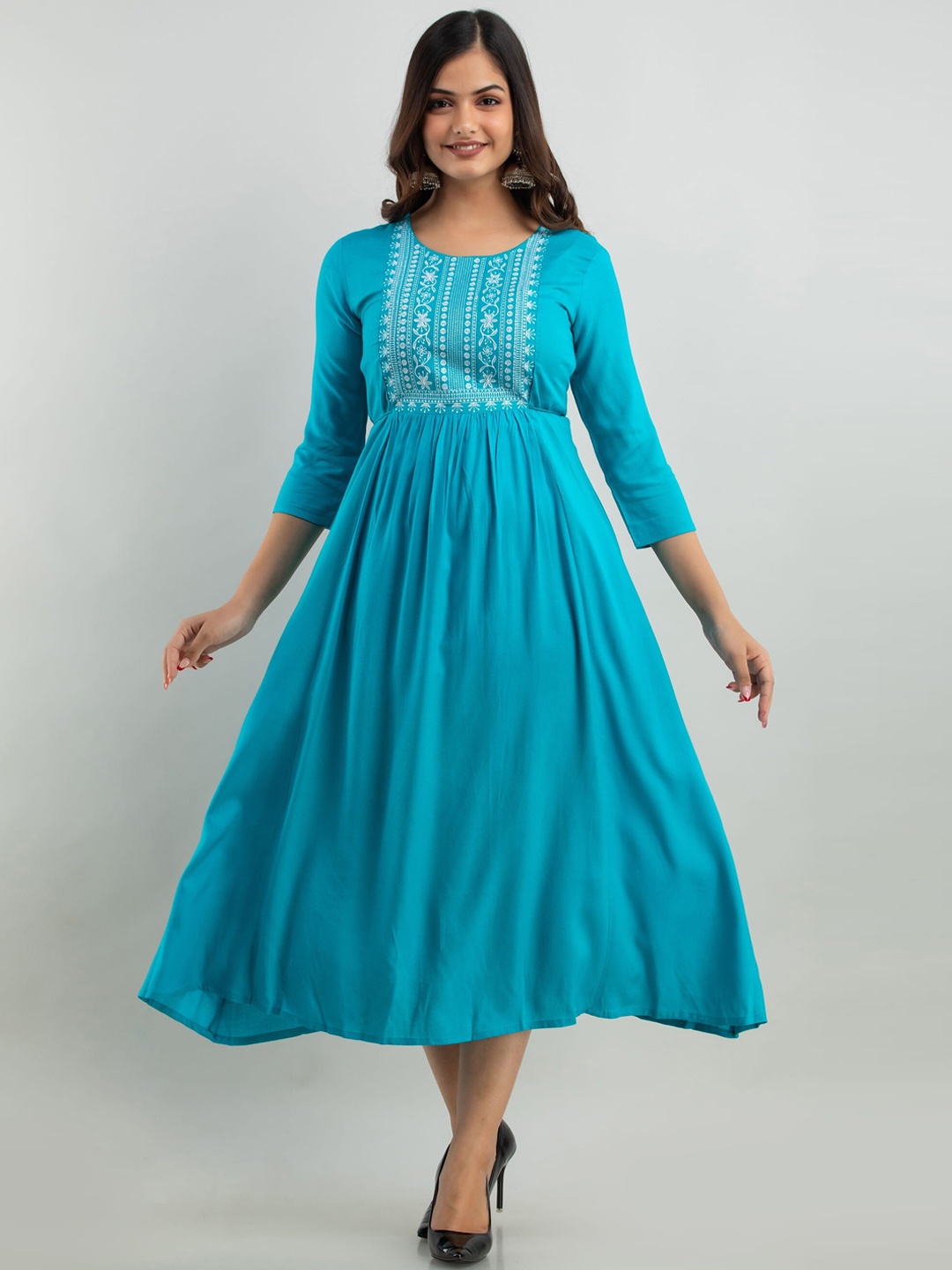 

Women Touch Turquoise Blue Ethnic Motifs Embroidered Ethnic Midi Dress