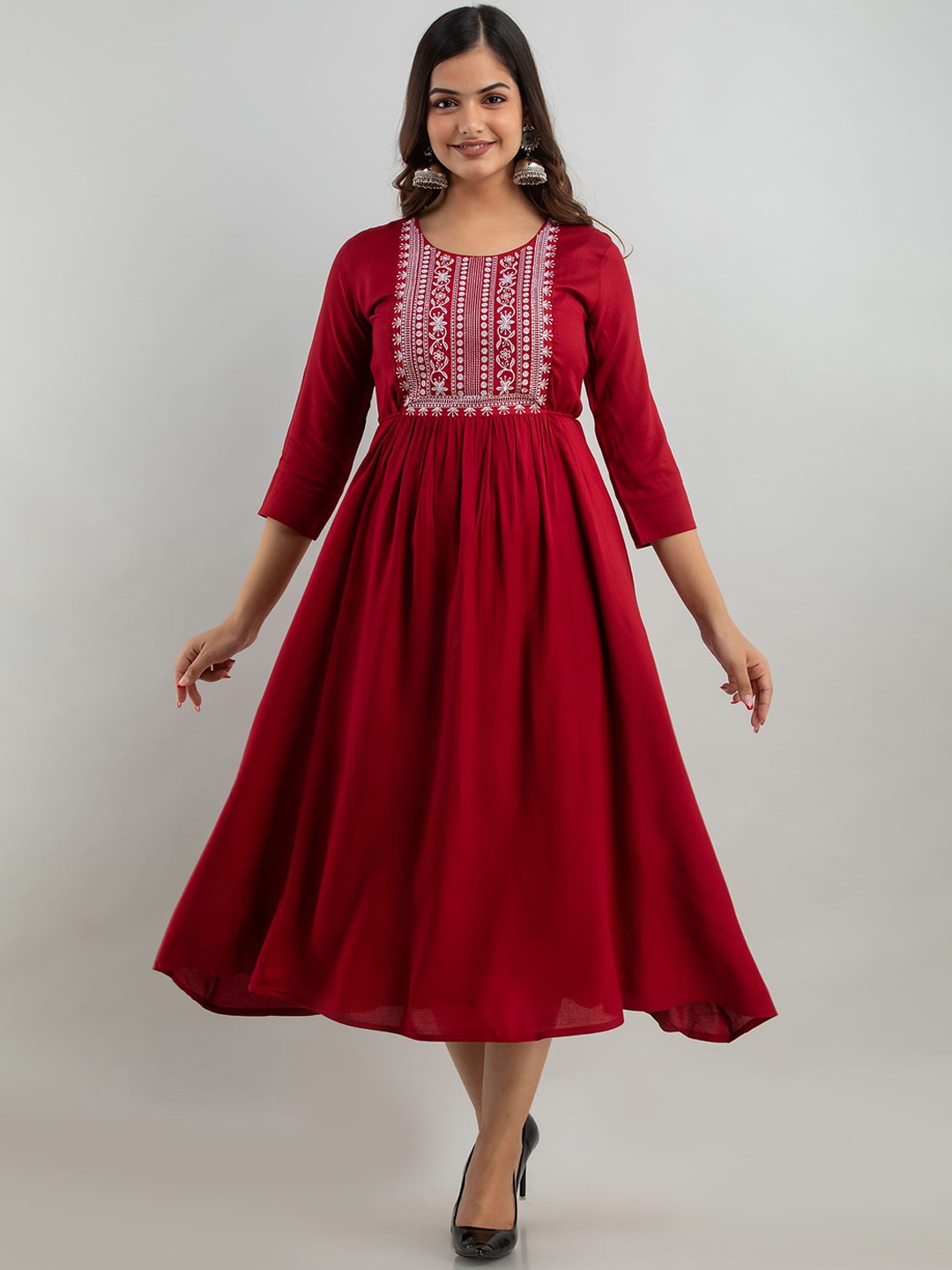 

Women Touch Women Maroon Geometric Yoke Design Thread Work Anarkali Kurta