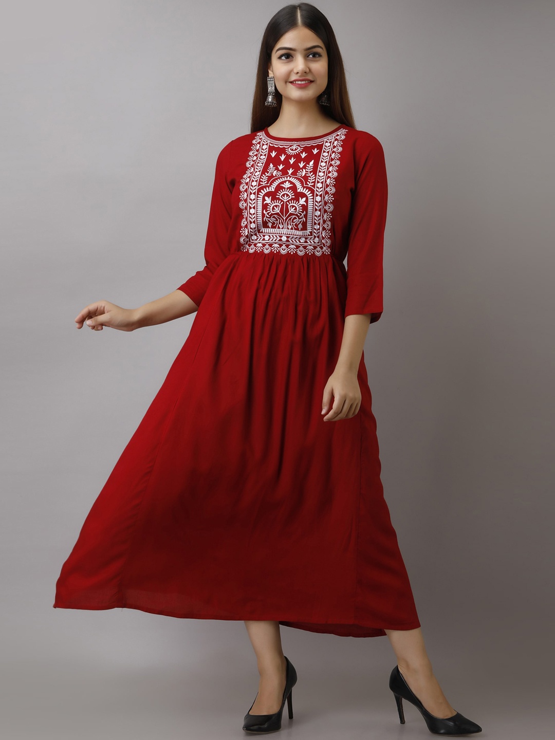 

Women Touch Maroon Ethnic Motifs Embroidered Ethnic Midi Dress