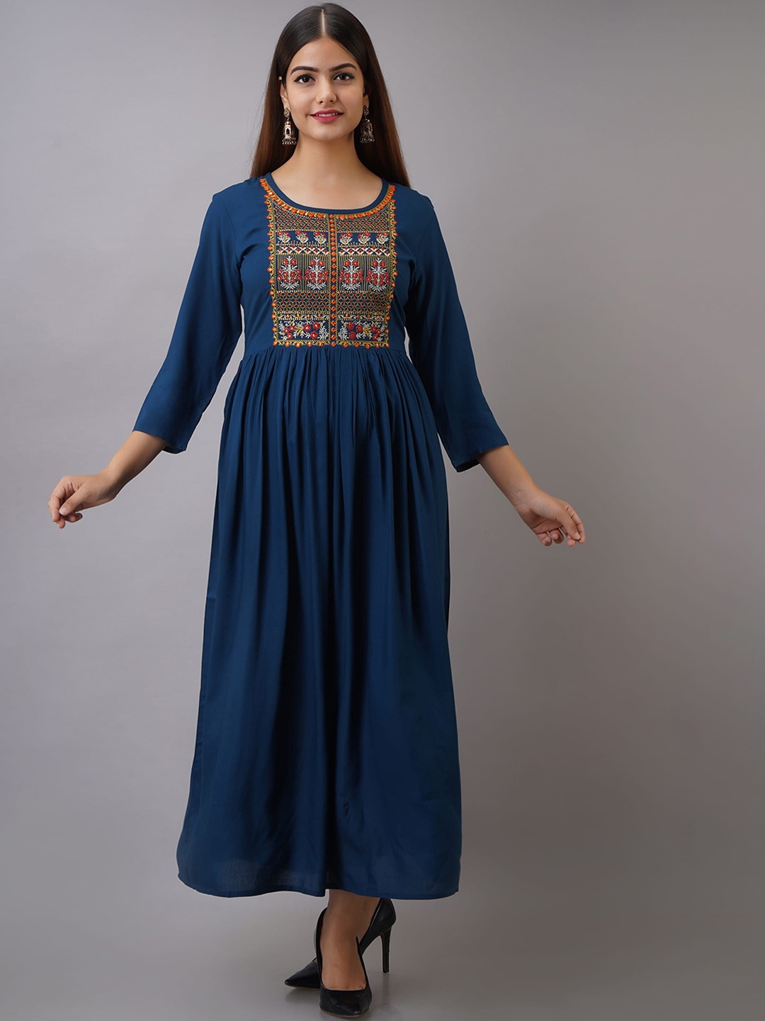 

Women Touch Blue Ethnic Motifs Embroidered Ethnic A-Line Maxi Dress