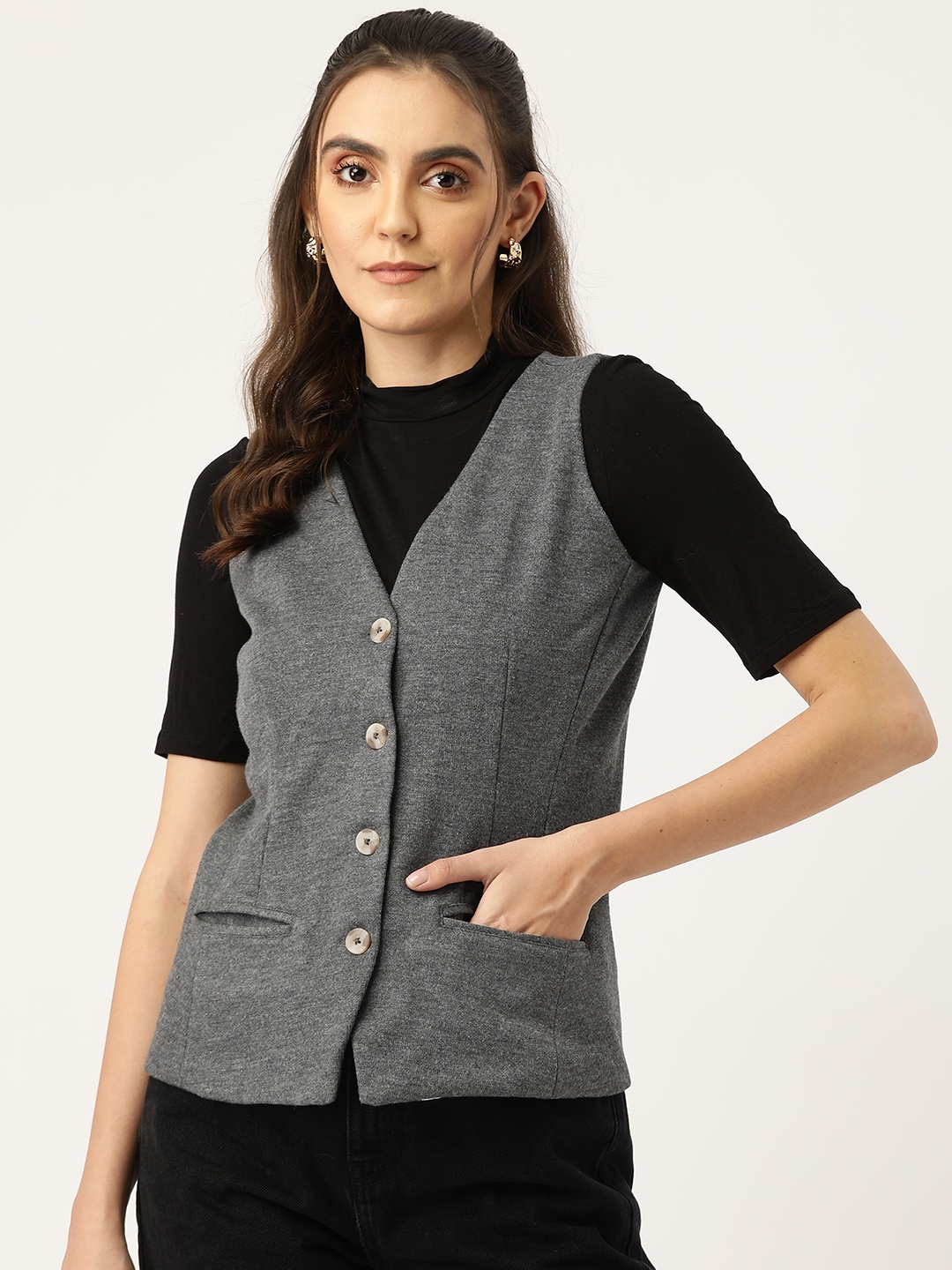 

BRINNS Women Charcoal Grey Solid Waistcoat