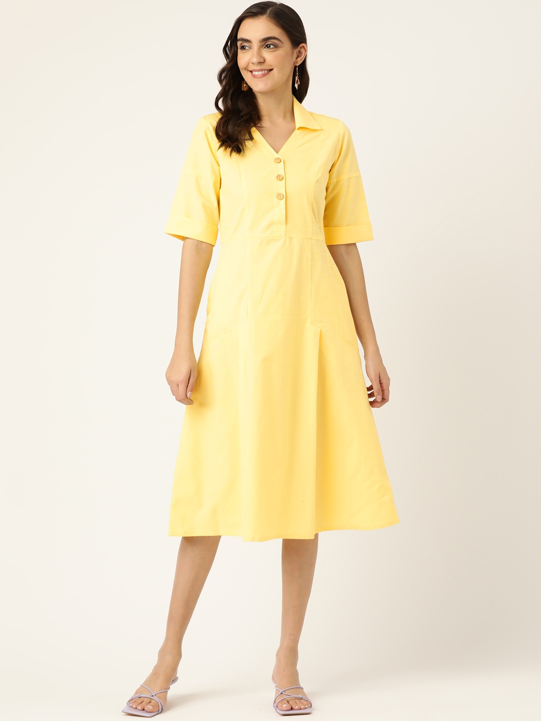 

BRINNS Yellow Solid Shirt Midi Dress