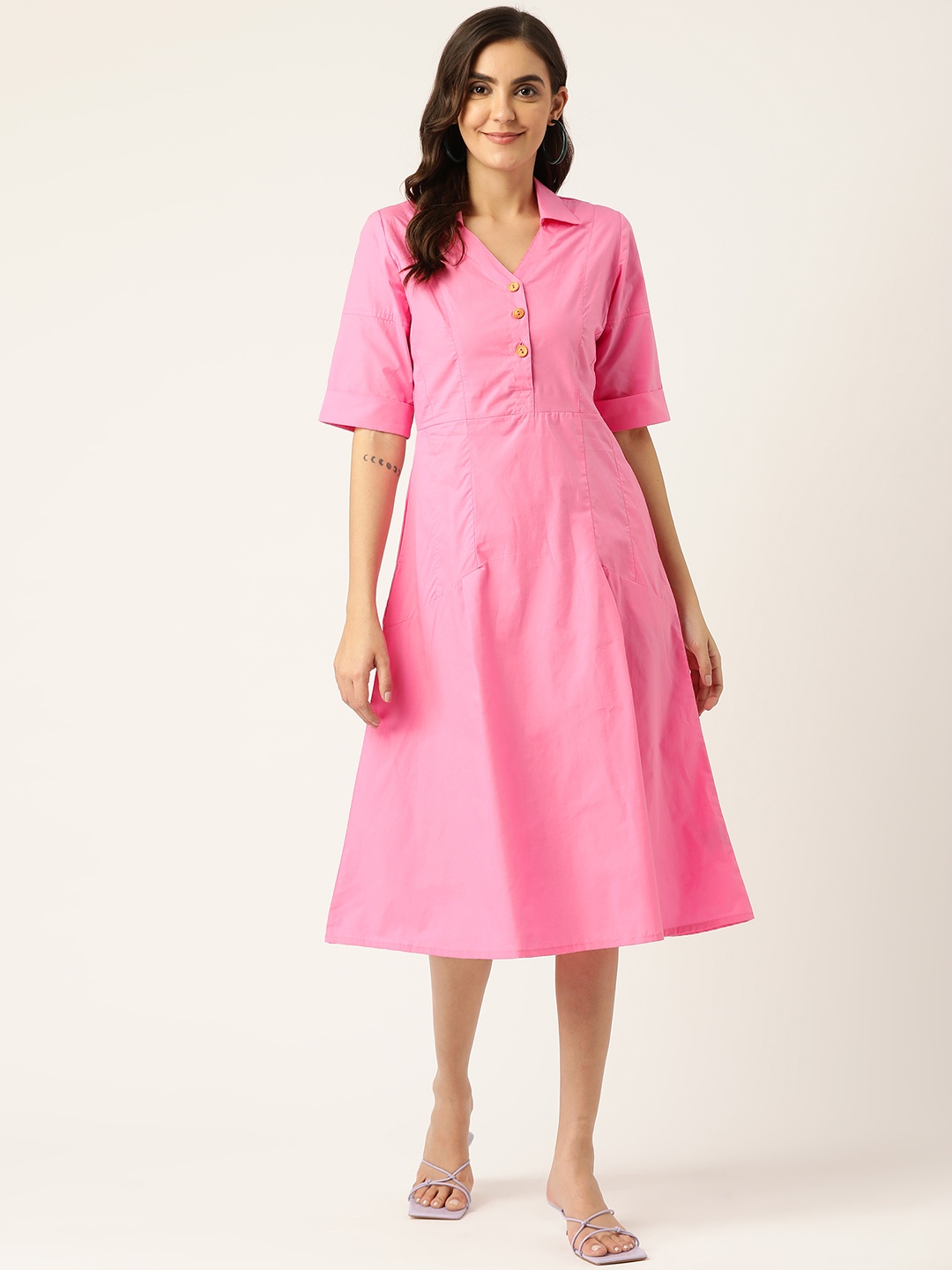 

BRINNS Pink Solid Shirt Midi Dress