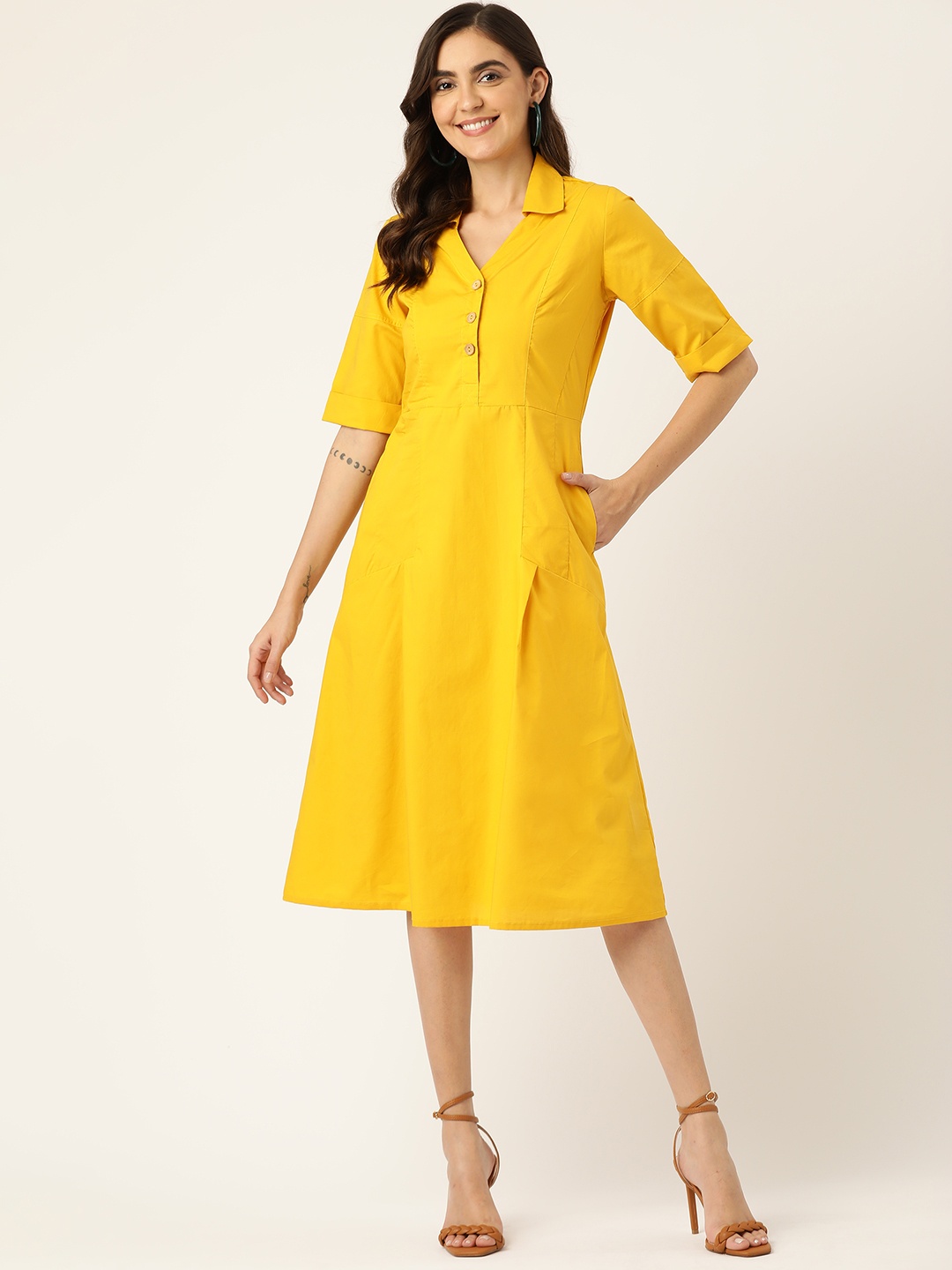 

BRINNS Mustard Yellow Solid Shirt Midi Dress