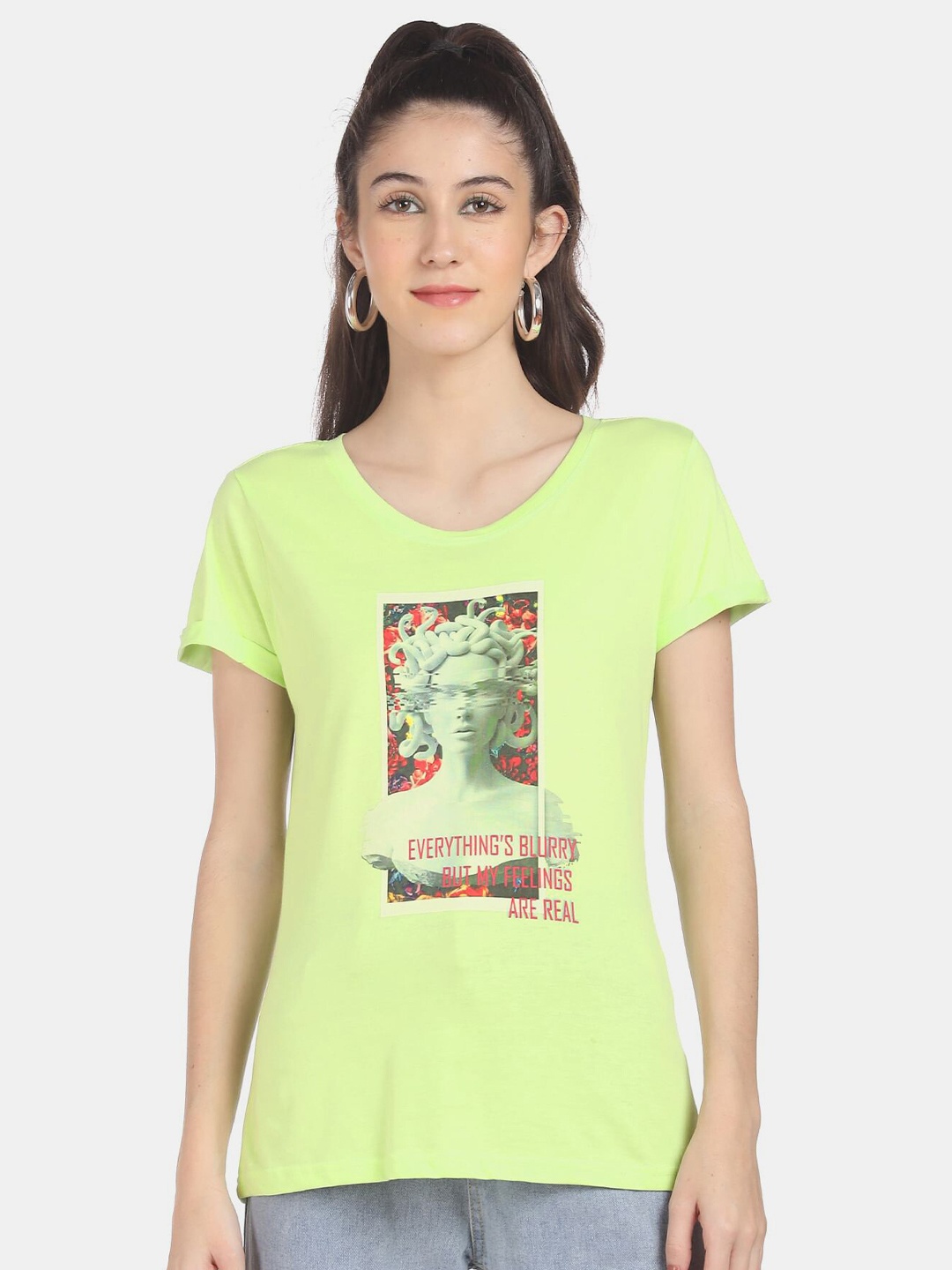 

Sugr Women Green Printed T-shirt