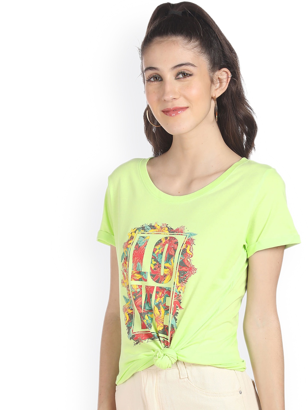 

Sugr Women Green Typography Printed Regular Fit Pure Cotton T-shirt