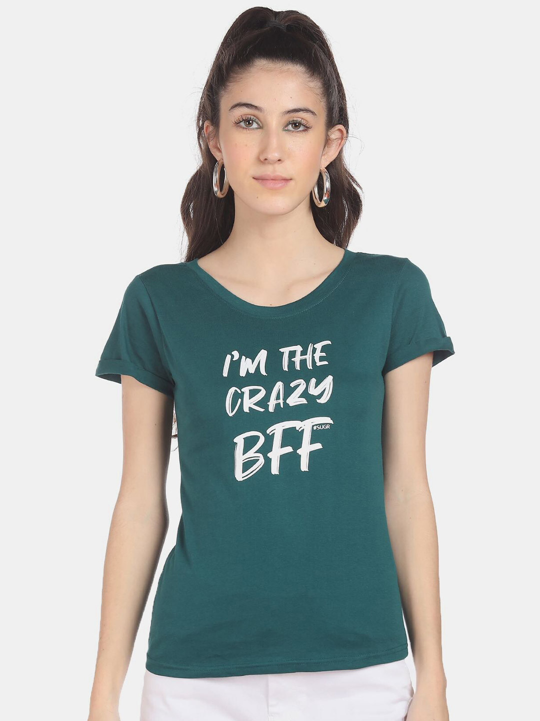 

Sugr Women Green Typography Printed Cotton T-shirt