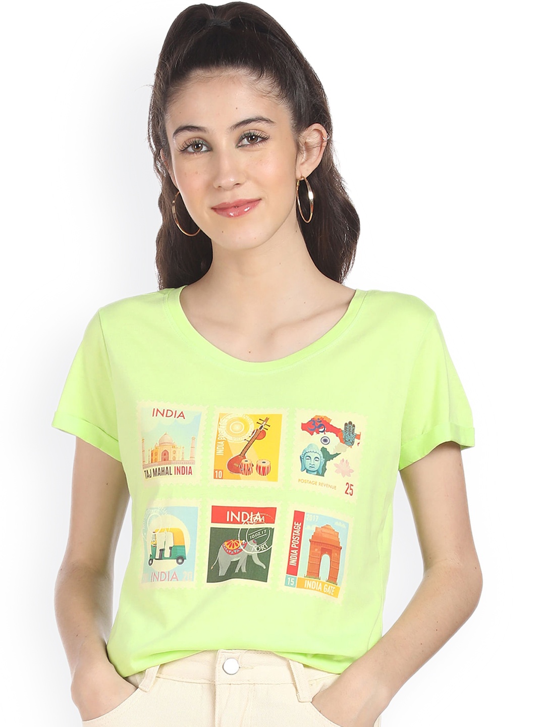 

Sugr Women Green & nyanza Printed Extended Sleeves Applique T-shirt