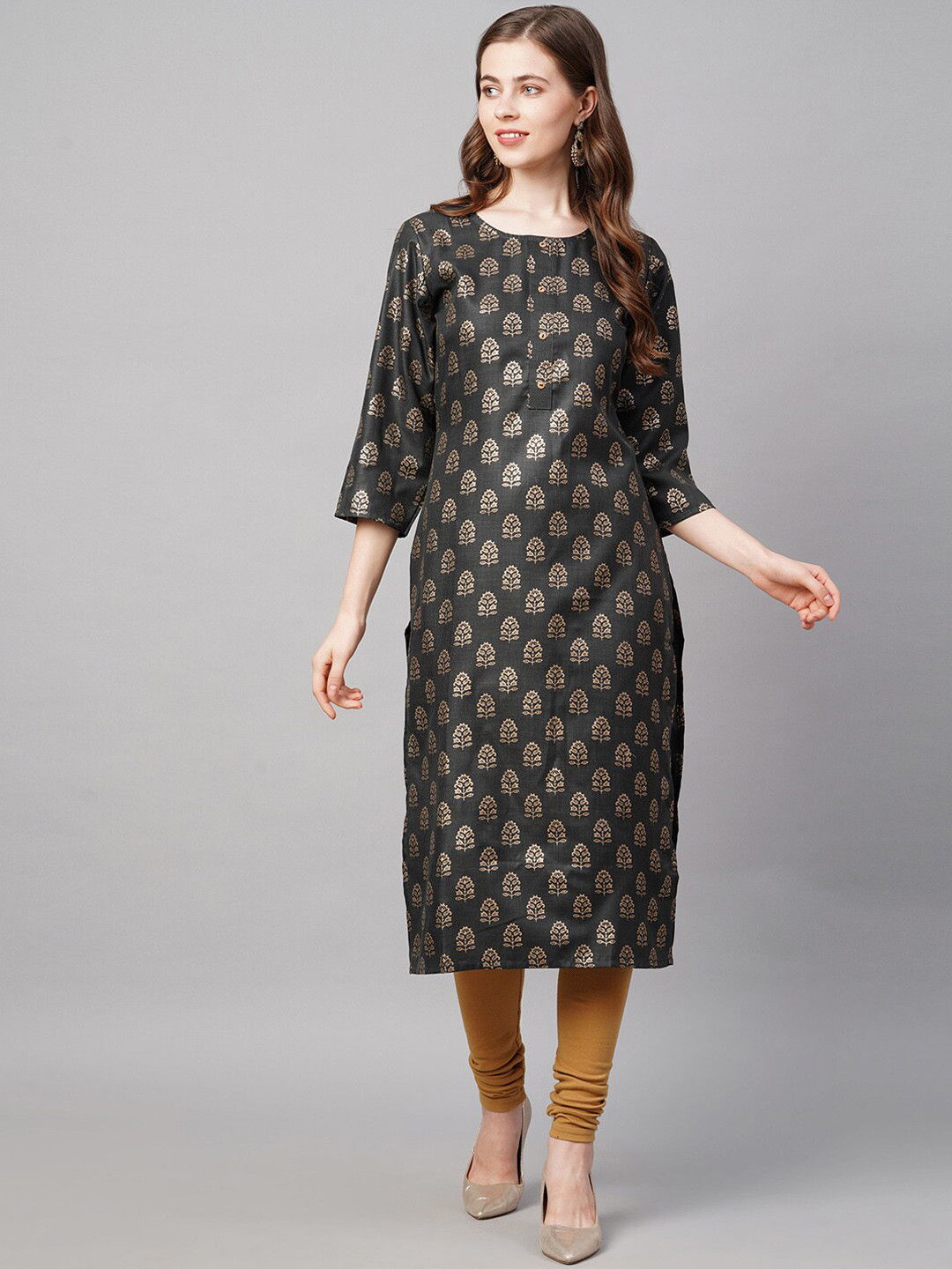 

KALINI Women Black Floral Yoke Design Thread Work Anarkali Kurta