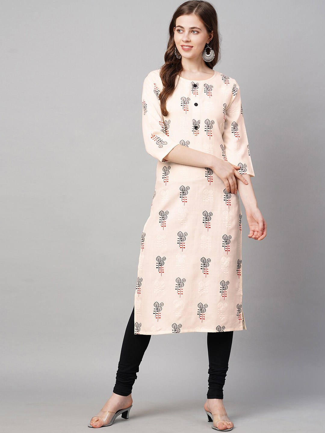 

KALINI Women Cream-Coloured Cotton Floral Printed Straight Kurta