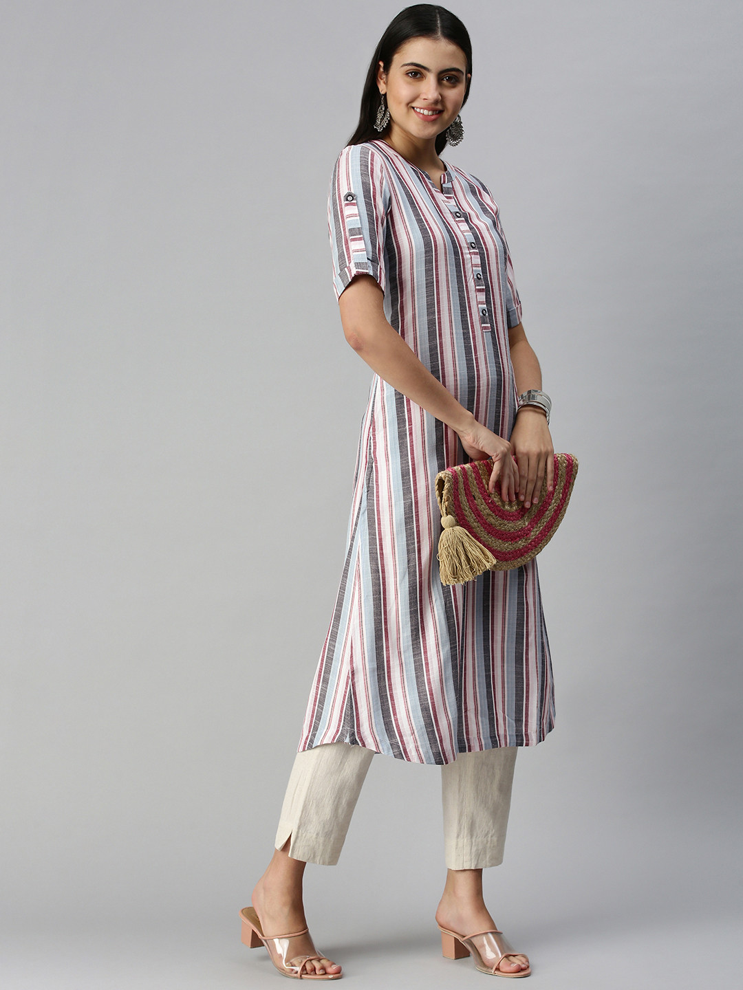 

ETIQUETTE Women Blue & Grey Striped Straight Kurta