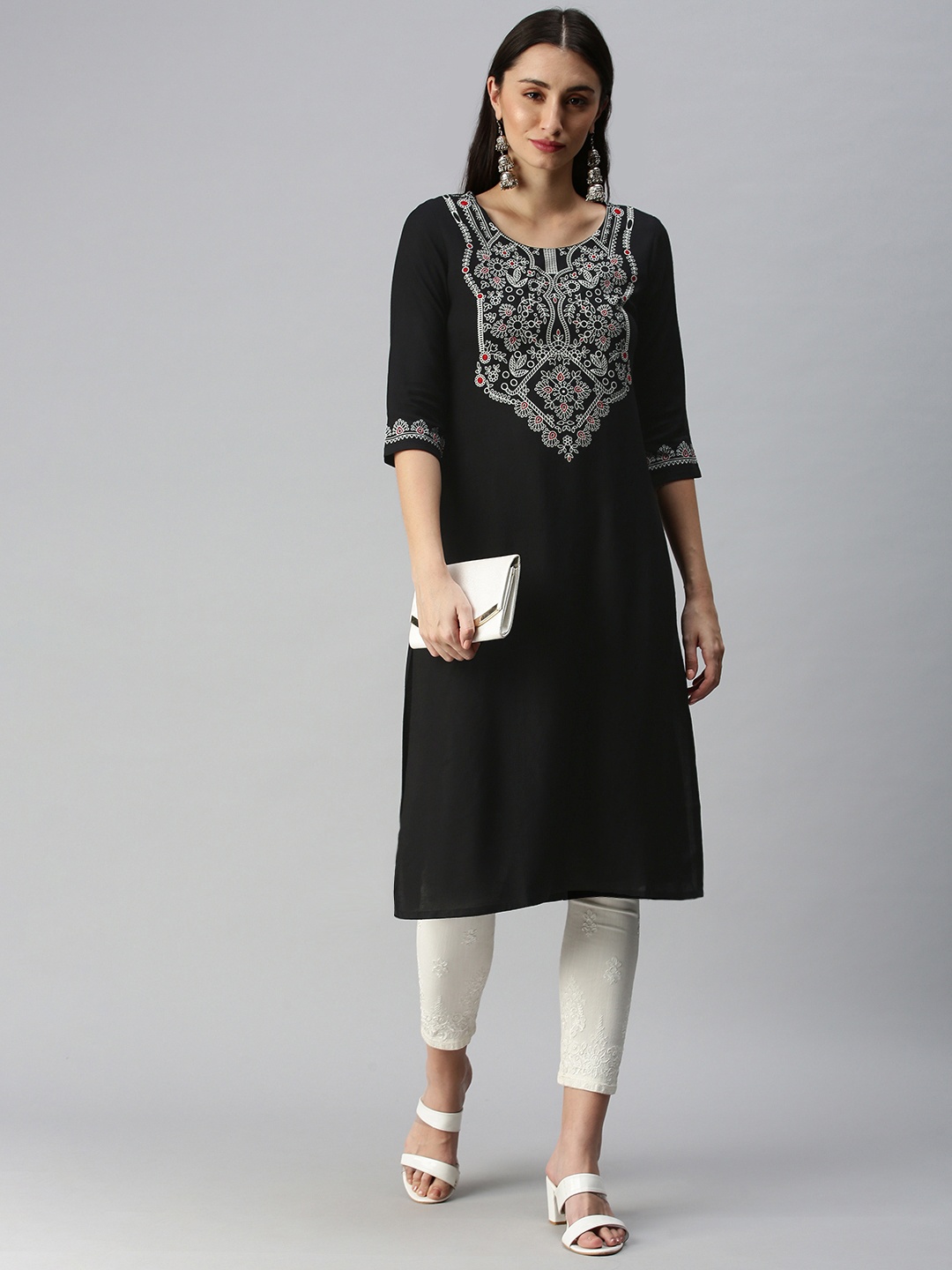 

ETIQUETTE Women Black & White Ethnic Motifs Yoke Design Straight Kurta