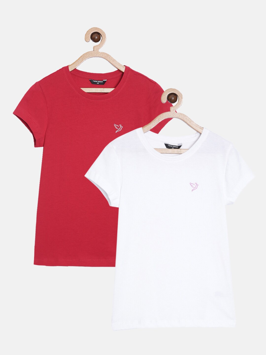 

TWIN BIRDS Pack of 2 Girls Red & White Pure Cotton T-shirt
