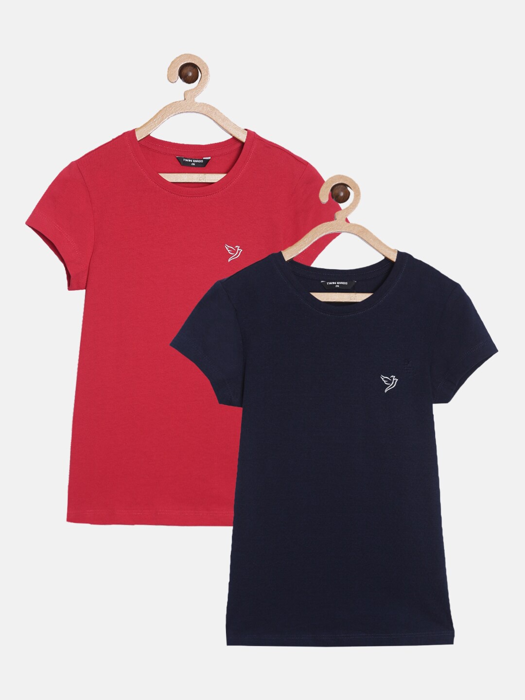 

TWIN BIRDS Girls Set of 2 Red & Navy Blue Regular Fit Pure Cotton T-shirt