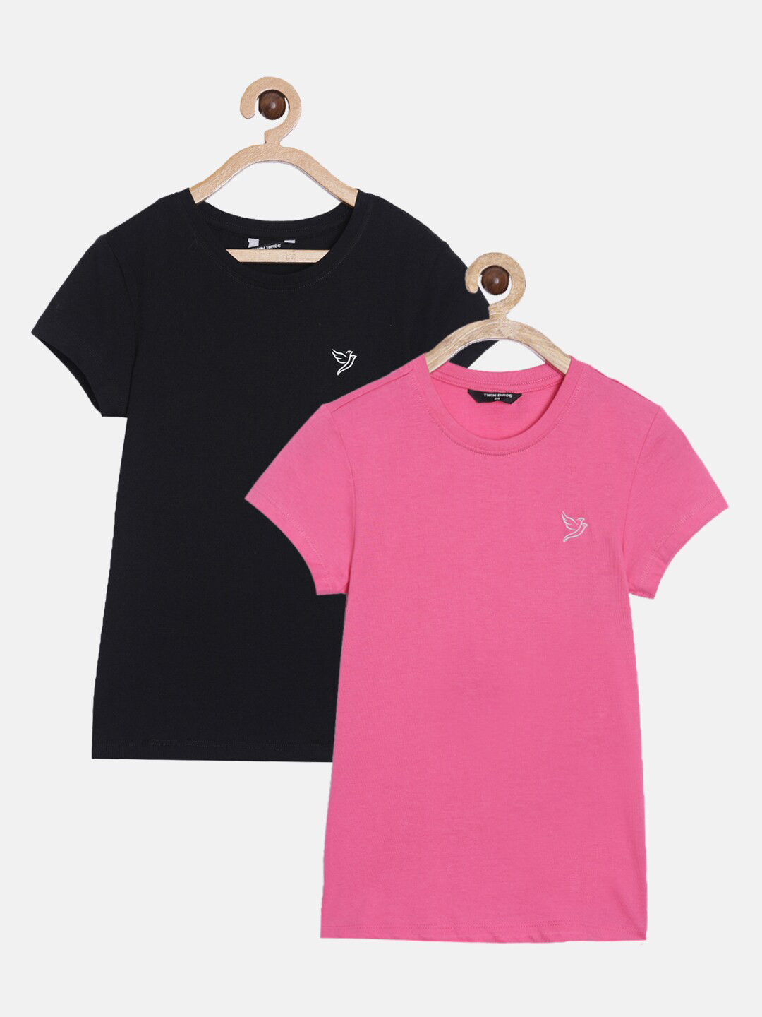 

TWIN BIRDS Girls Black & Pink Pack of 2 Applique T-shirt