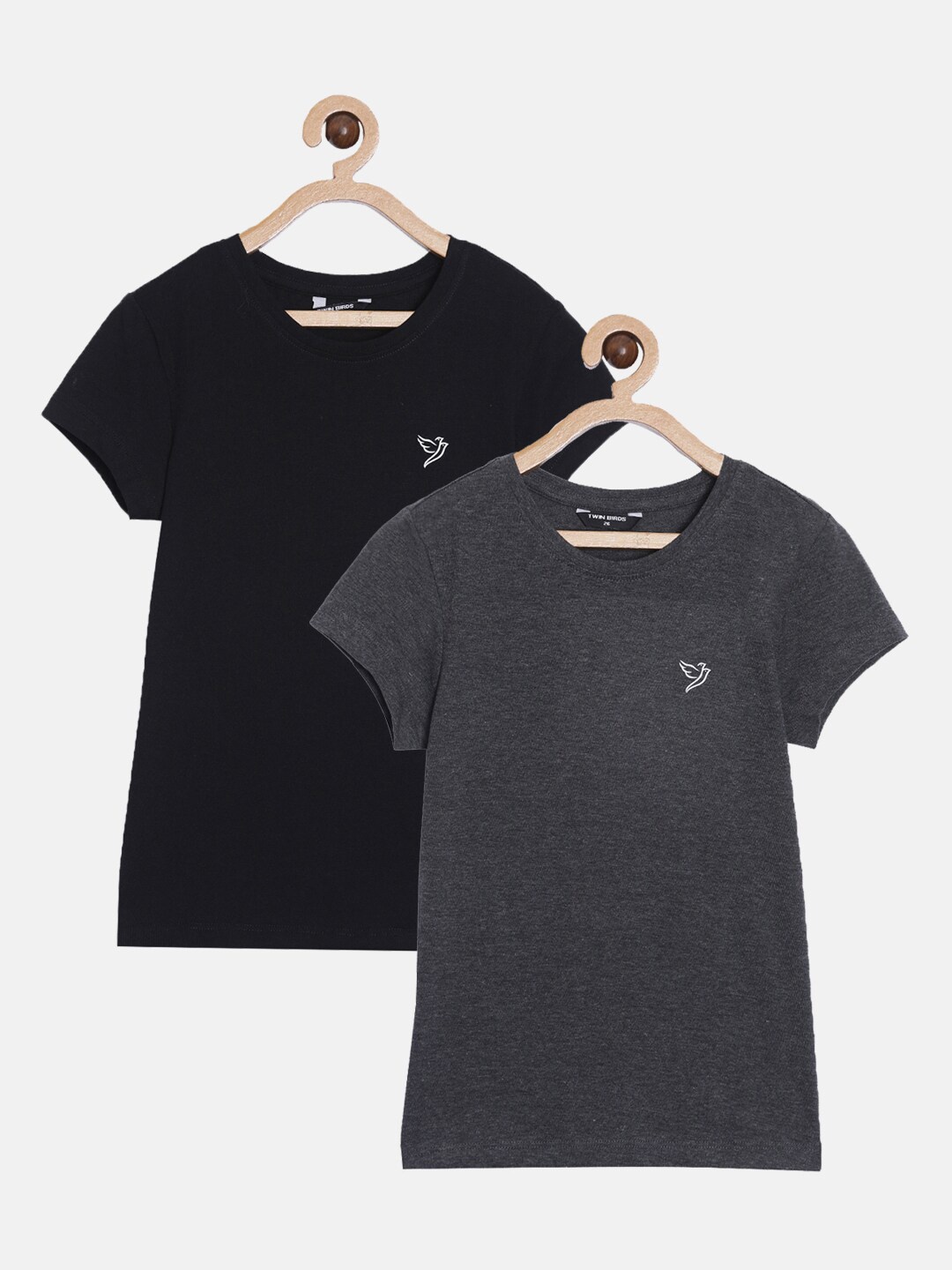 

TWIN BIRDS Girls Pack of 2 Black & Grey Cotton T-shirt