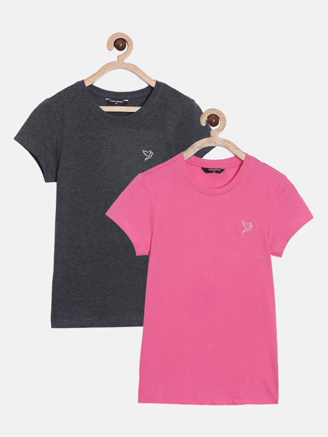 

TWIN BIRDS Pack of 2 Girls Charcoal Grey & Pink Pure Cotton T-shirt