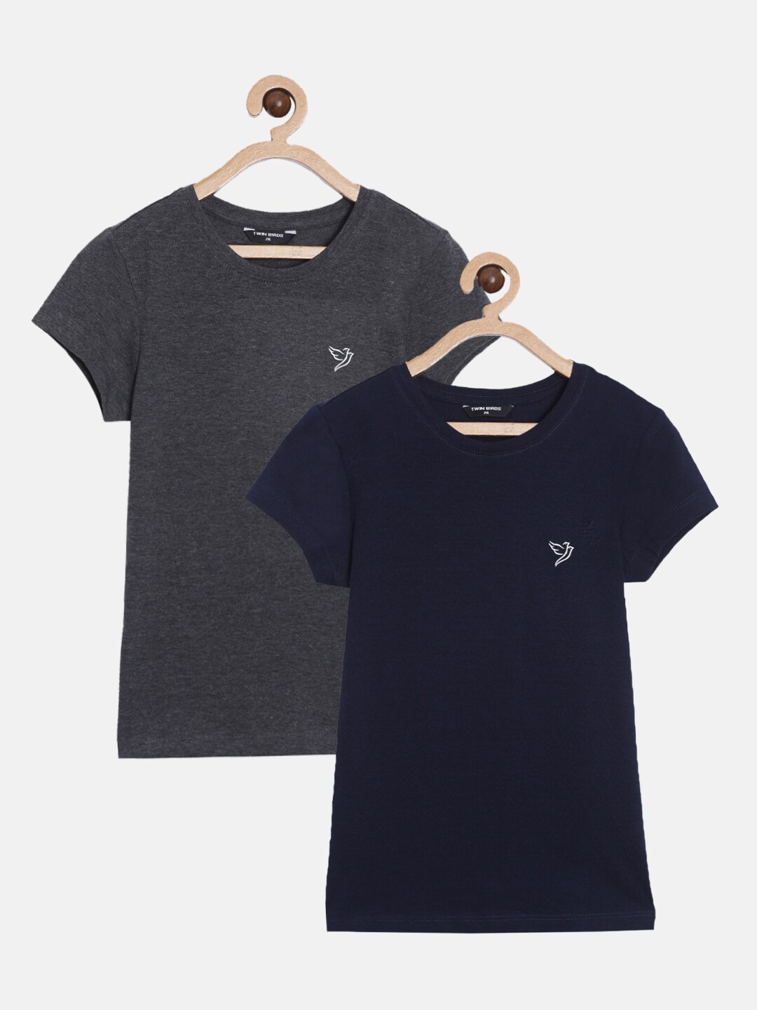

TWIN BIRDS Girls Grey & Navy Blue Pack of 2 Cotton T-shirt