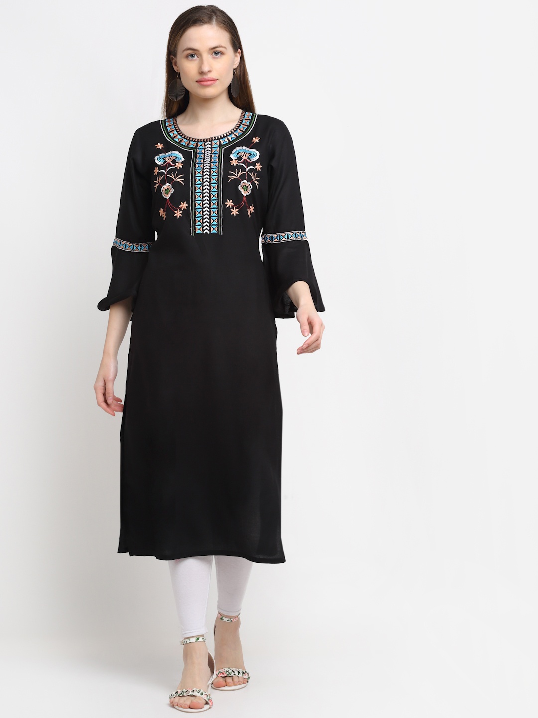 

KALINI Women Black Bell Sleeves Embroidered Thread Work Cotton Kurta