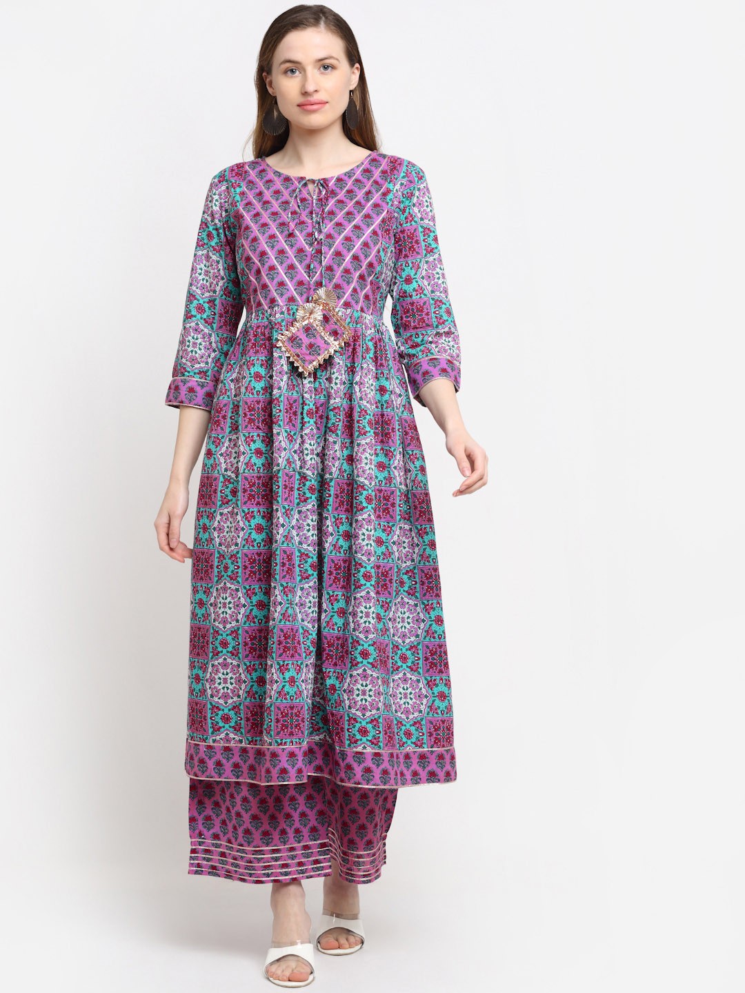 

KALINI Women Brown Floral Printed Thread Work Pure Cotton Kurta with Palazzos