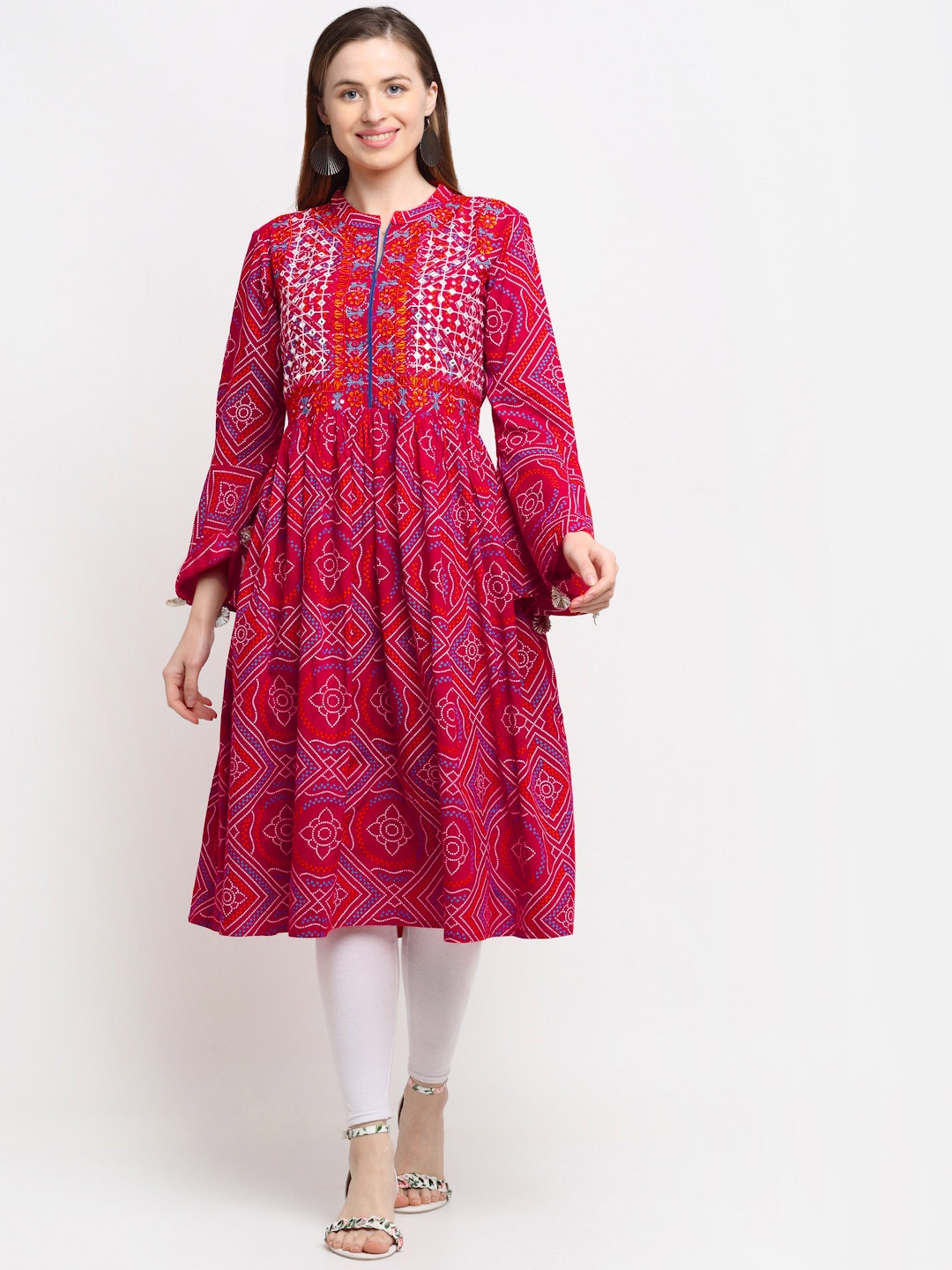 

KALINI Women Red Ethnic Motifs Cotton Bell Sleeves Anarkali Kurta