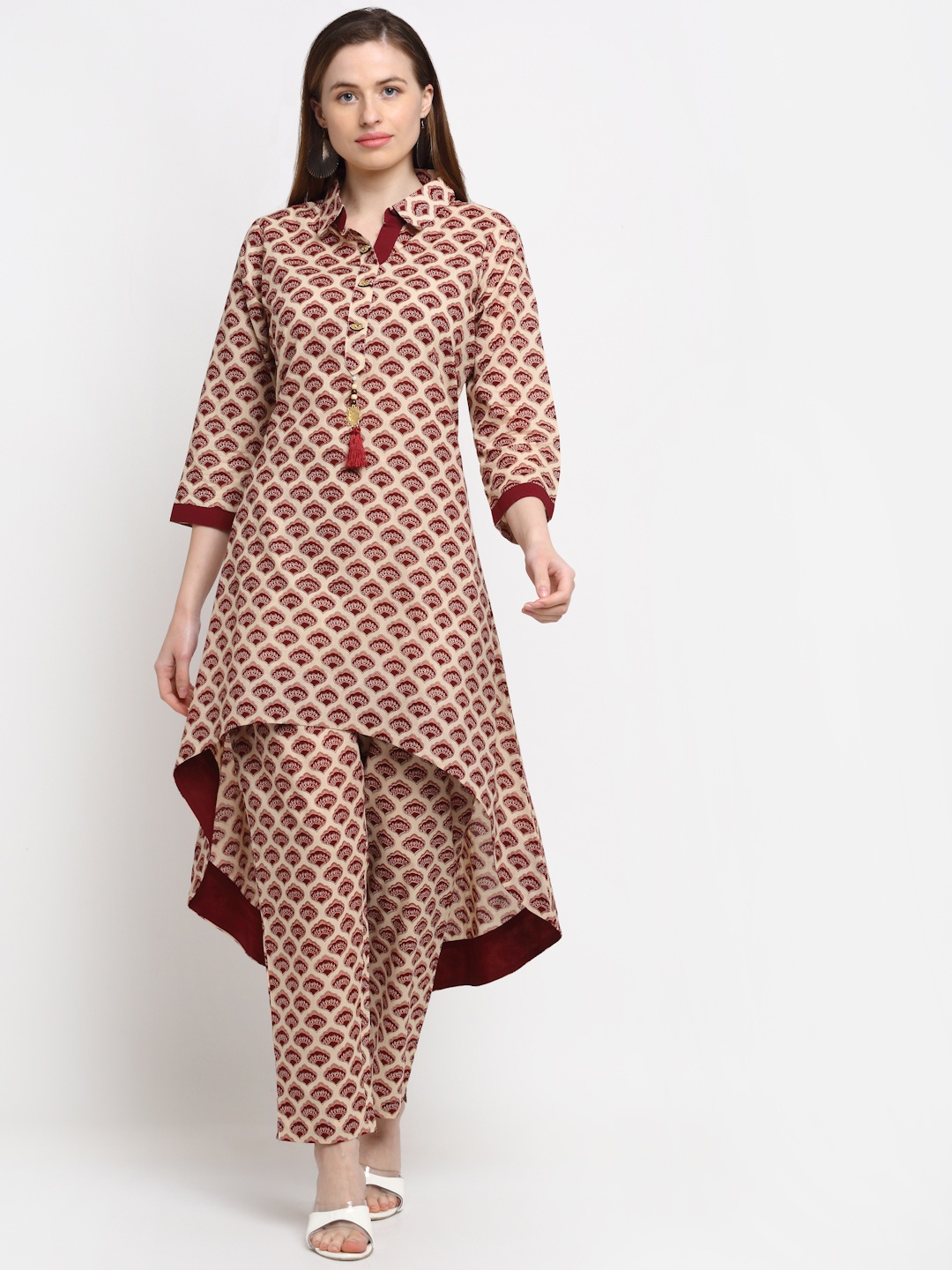 

KALINI Women Red Ethnic Motifs Printed Empire Pure Cotton High-Low Kurta with Trousers