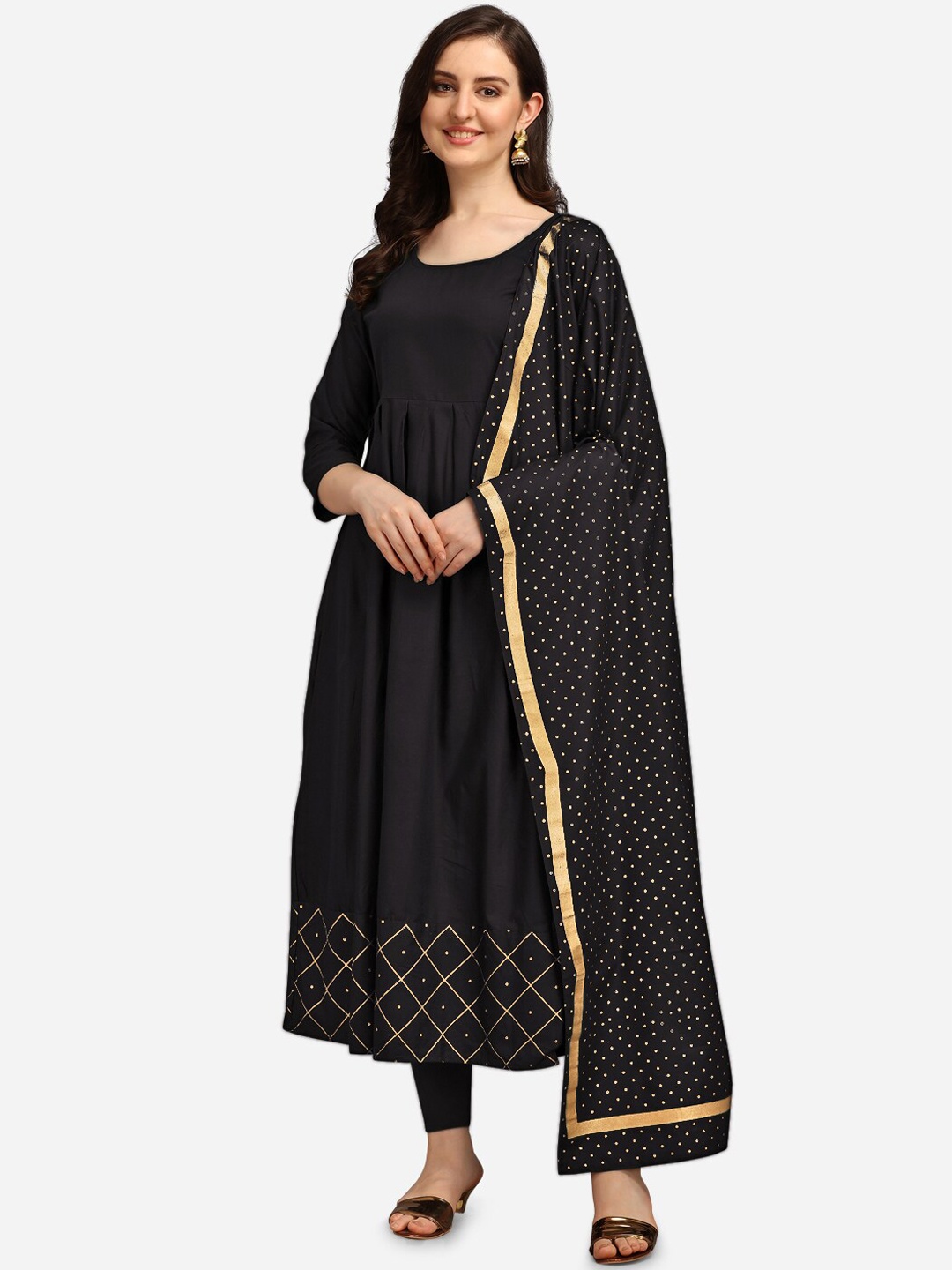 

KALINI Women Black & Gold-Toned Geometric Printed Anarkali Kurta With Dupatta