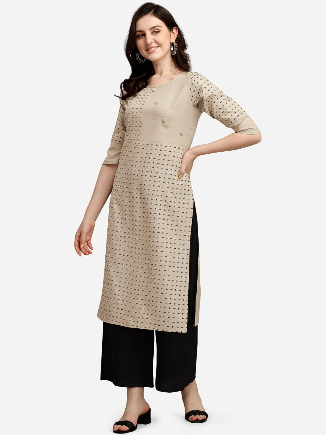 

KALINI Women Beige Ethnic Motifs Striped Thread Work Block Print Kurta