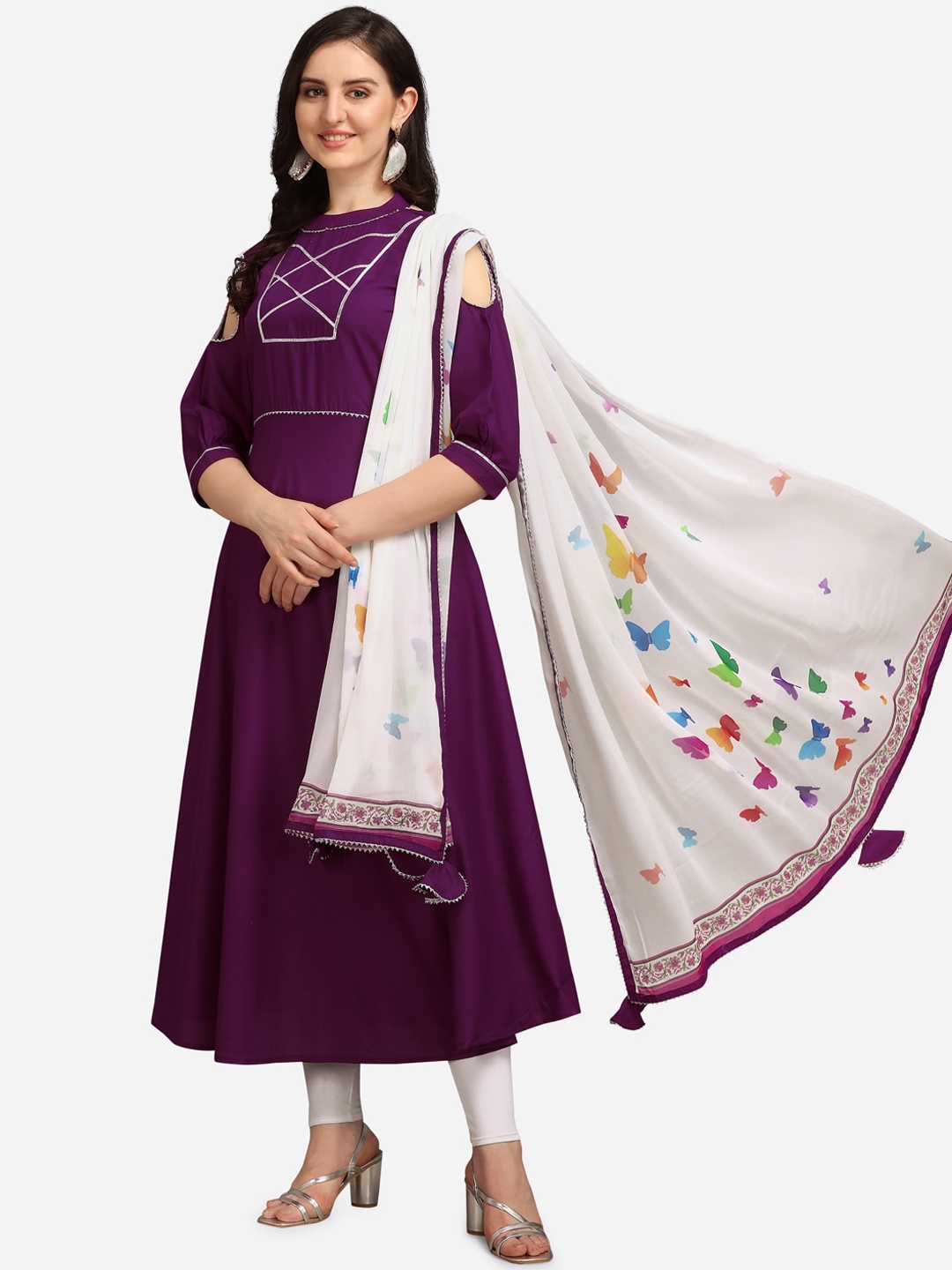 

KALINI Women Purple Yoke Design Cold-Shoulder Sleeves Kurta with Dupatta